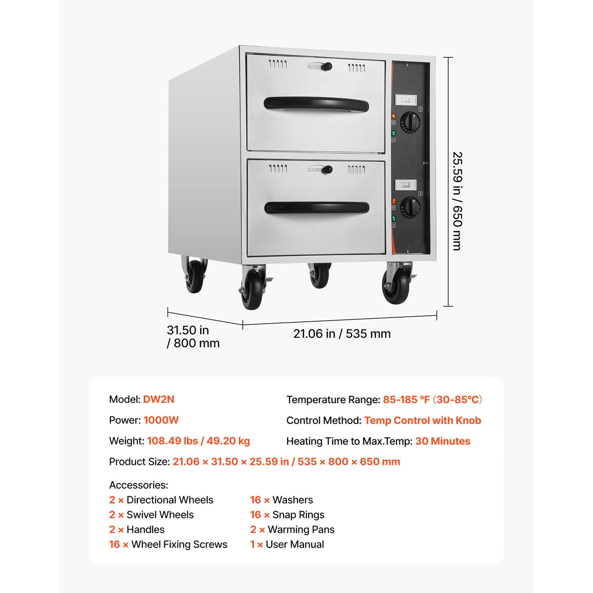 Commercial Electric Drawer Warmer, 2 Full-Size Pan Stainless Steel Food Warmer, Freestanding Standard Warming Drawer Cabinet, 85 Fahrenheit –185 Fahrenheit Wide Temperature Range