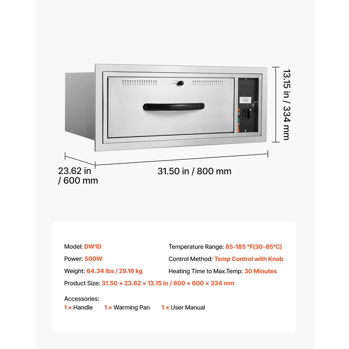 Commercial Electric Drawer Warmer, Single-Drawer Stainless Steel Food Warmer, Built-in Installation Warming Drawer Cabinet, 85 Fahrenheit -185 Fahrenheit Wide Temperature Range