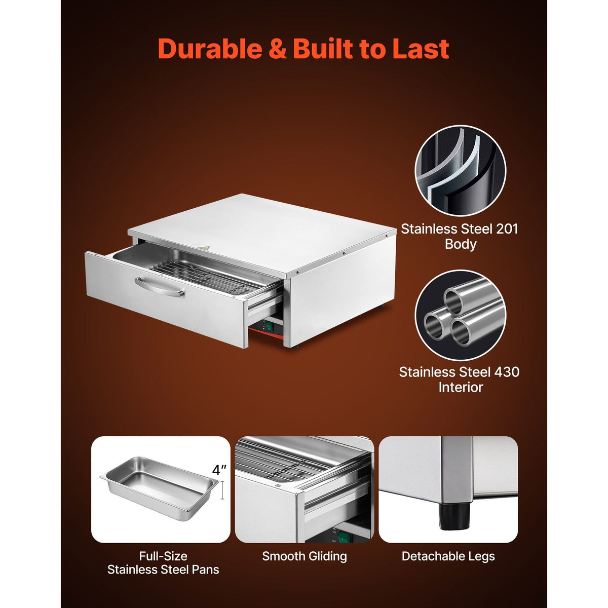 Commercial Electric Drawer Warmer, Single-Drawer Stainless Steel Food Warmer, Freestanding Compact Warming Drawer Cabinet, 85 Fahrenheit -185 Fahrenheit Wide Temperature Range
