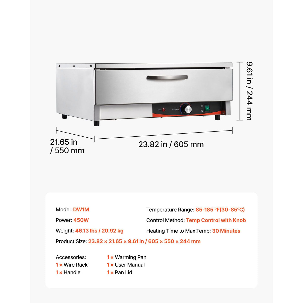 Commercial Electric Drawer Warmer, Single-Drawer Stainless Steel Food Warmer, Freestanding Compact Warming Drawer Cabinet, 85 Fahrenheit -185 Fahrenheit Wide Temperature Range