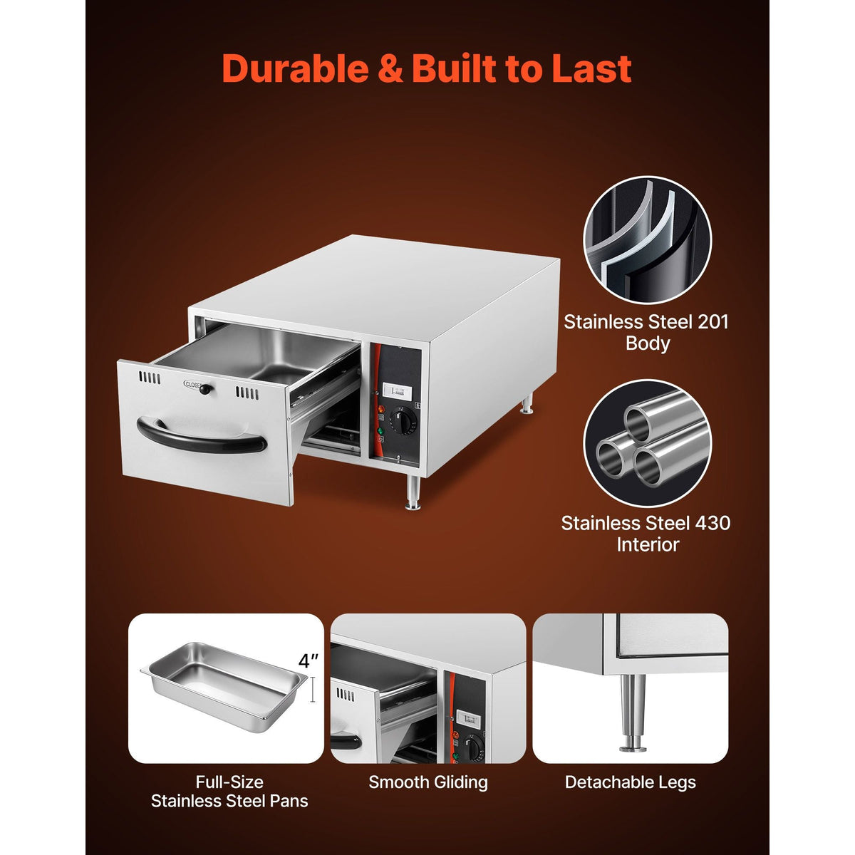 Commercial Electric Drawer Warmer, Single-Drawer Stainless Steel Food Warmer, Freestanding Slim Warming Drawer Cabinet, 85 Fahrenheit -185 Fahrenheit Wide Temperature Range, for Restaurant