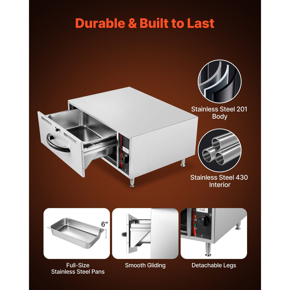 Commercial Electric Drawer Warmer, Single-Drawer Stainless Steel Food Warmer, Freestanding Standard Warming Drawer Cabinet, 85 Fahrenheit –185 Fahrenheit Wide Temperature Range