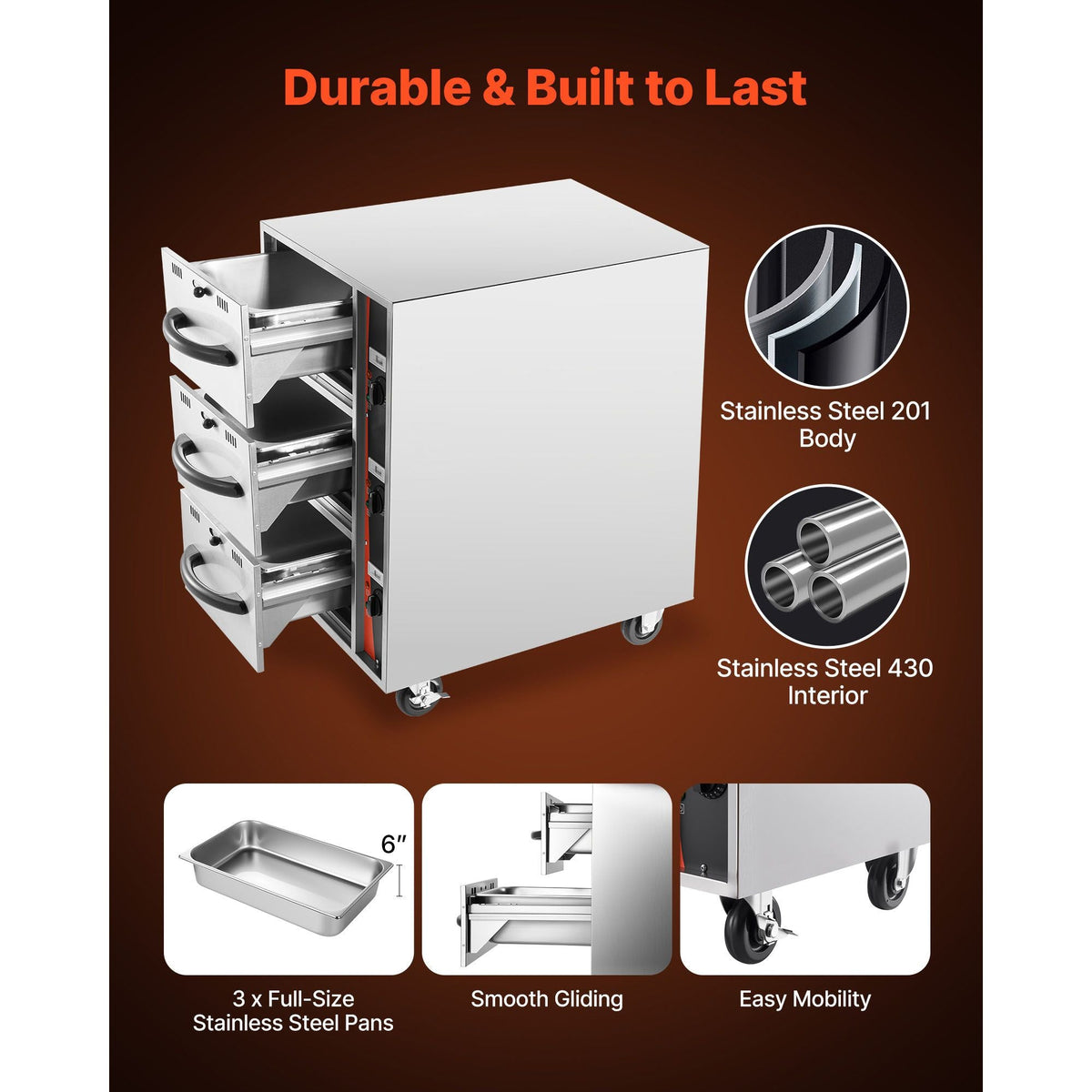 Commercial Electric Drawer Warmer, Three-Drawer Stainless Steel Food Warmer, Freestanding Compact Warming Drawer Cabinet, 85 -185 Fahrenheit Wide Temperature Range
