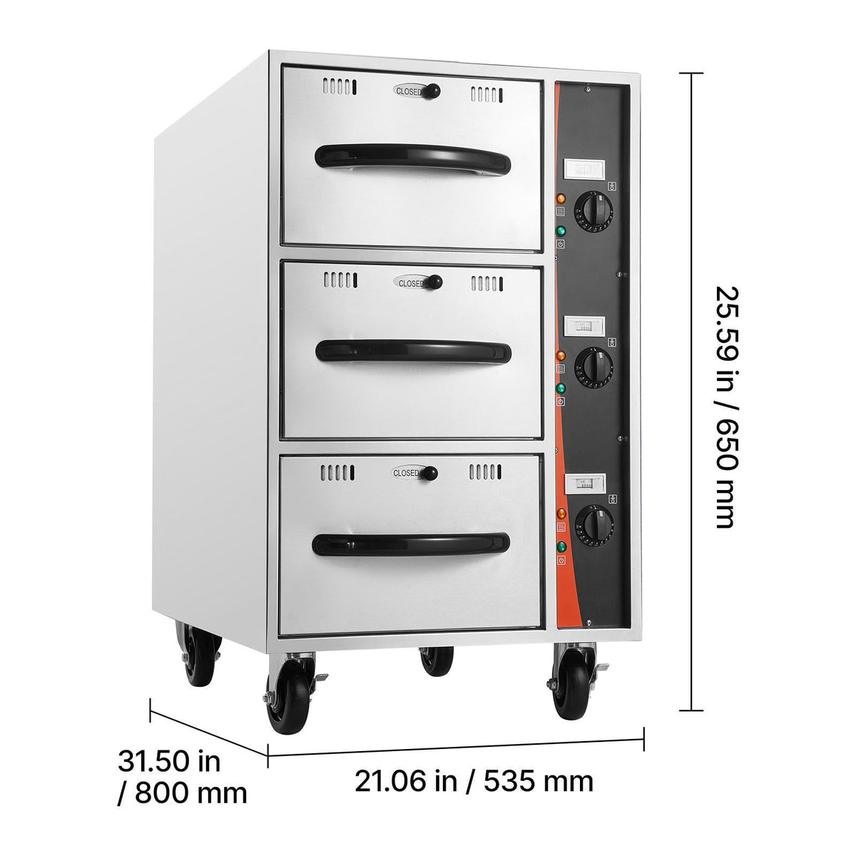 Commercial Electric Drawer Warmer, Three-Drawer Stainless Steel Food Warmer, Freestanding Compact Warming Drawer Cabinet, 85 -185 Fahrenheit Wide Temperature Range