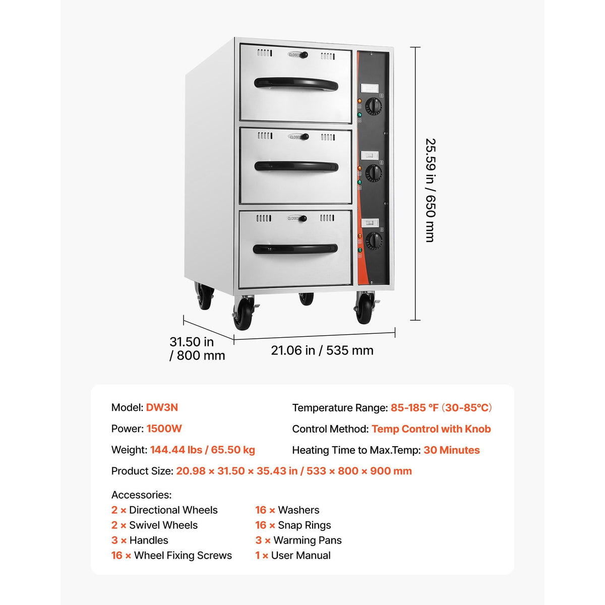 Commercial Electric Drawer Warmer, Three-Drawer Stainless Steel Food Warmer, Freestanding Compact Warming Drawer Cabinet, 85 -185 Fahrenheit Wide Temperature Range