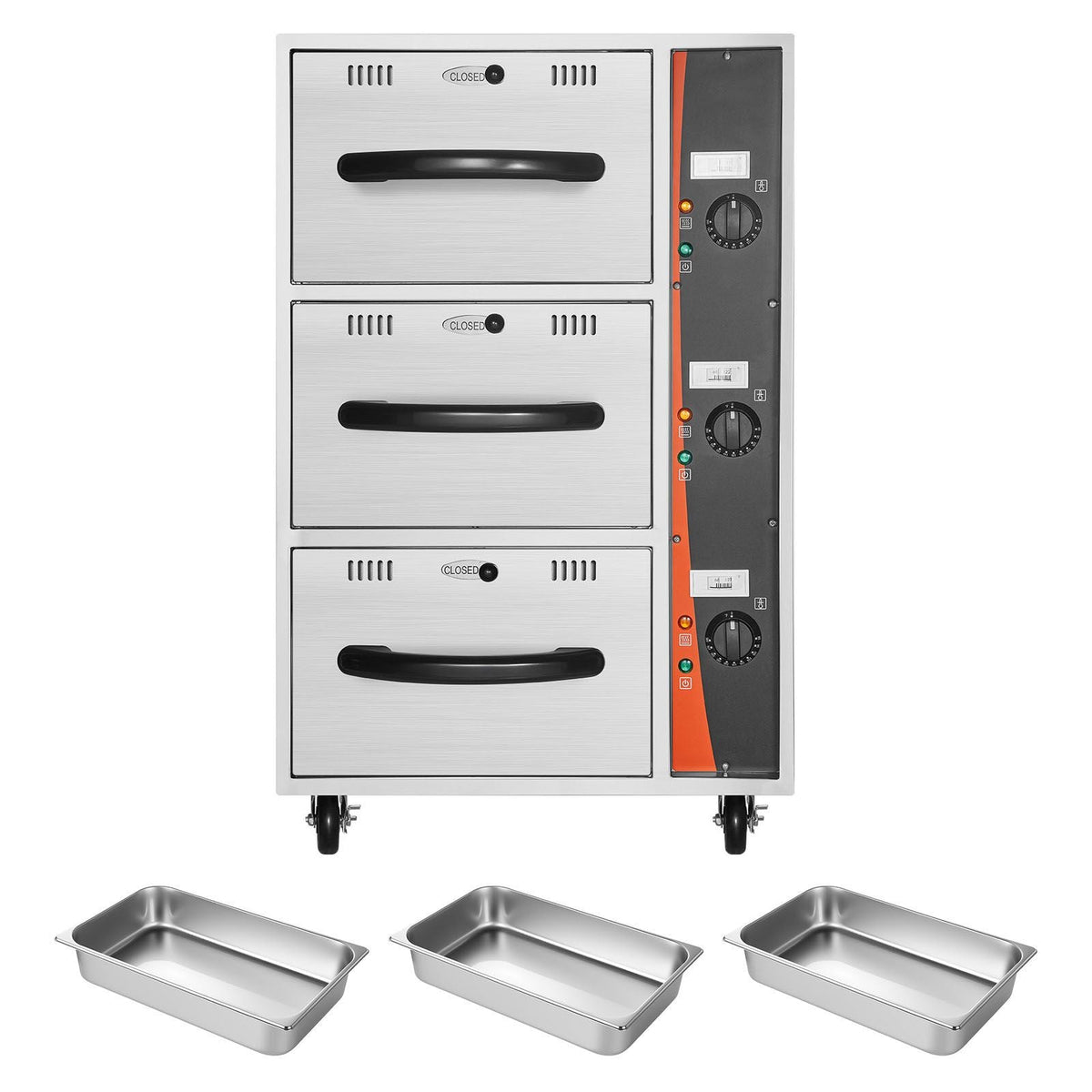 Commercial Electric Drawer Warmer, Three-Drawer Stainless Steel Food Warmer, Freestanding Compact Warming Drawer Cabinet, 85 -185 Fahrenheit Wide Temperature Range