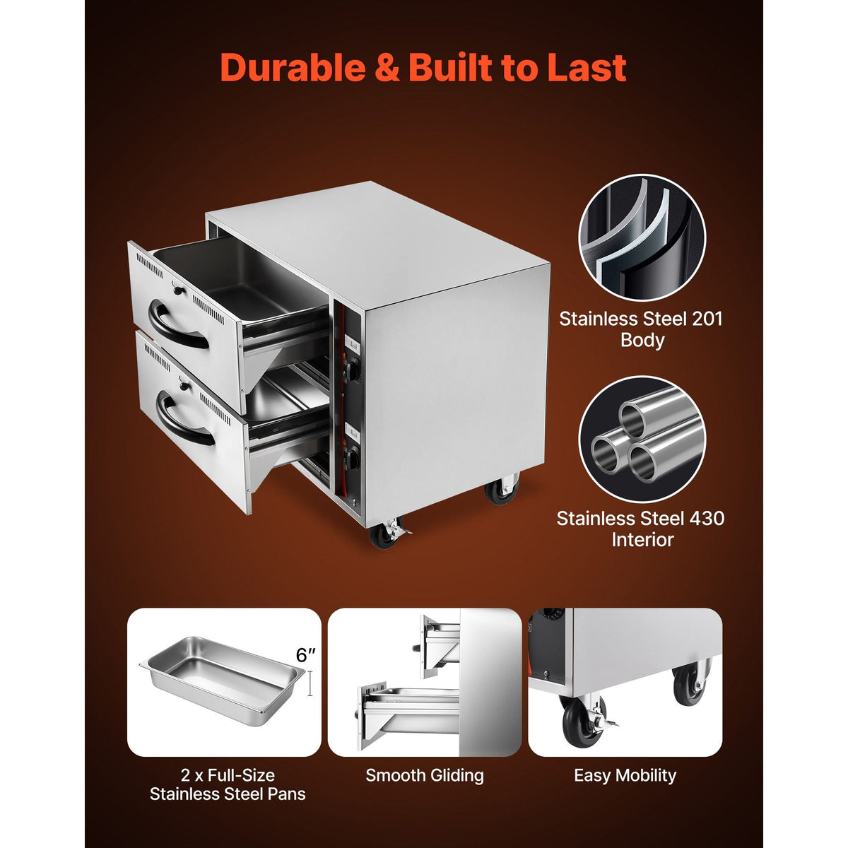 Commercial Electric Drawer Warmer, Two-Drawer Stainless Steel Food Warmer, Freestanding Standard Warming Drawer Cabinet, 85 Fahrenheit -185 Fahrenheit Wide Temperature Range
