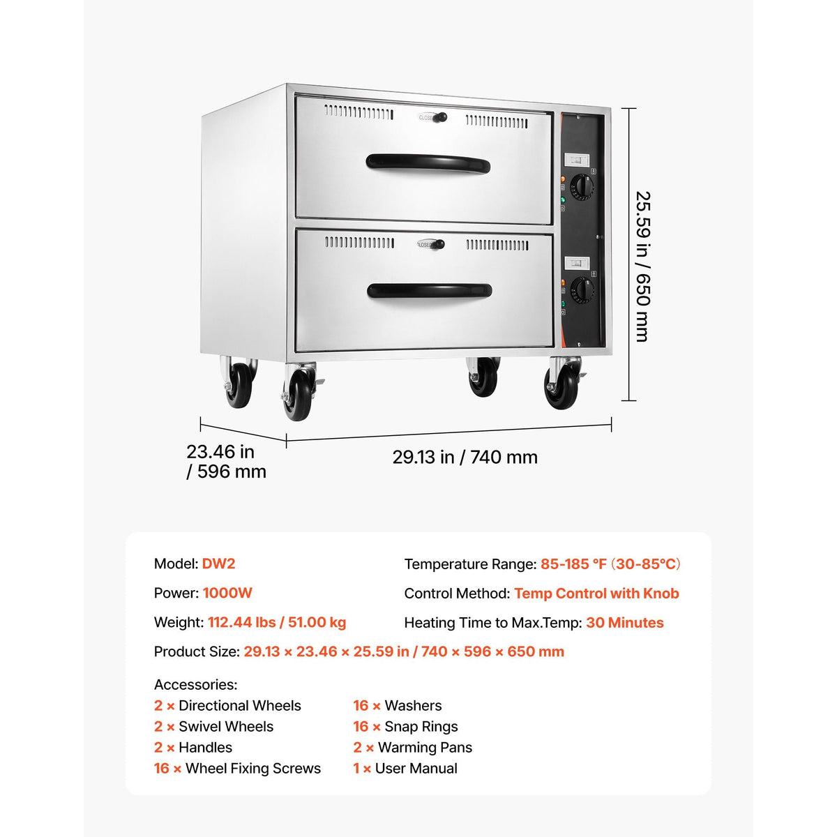 Commercial Electric Drawer Warmer, Two-Drawer Stainless Steel Food Warmer, Freestanding Standard Warming Drawer Cabinet, 85 Fahrenheit -185 Fahrenheit Wide Temperature Range