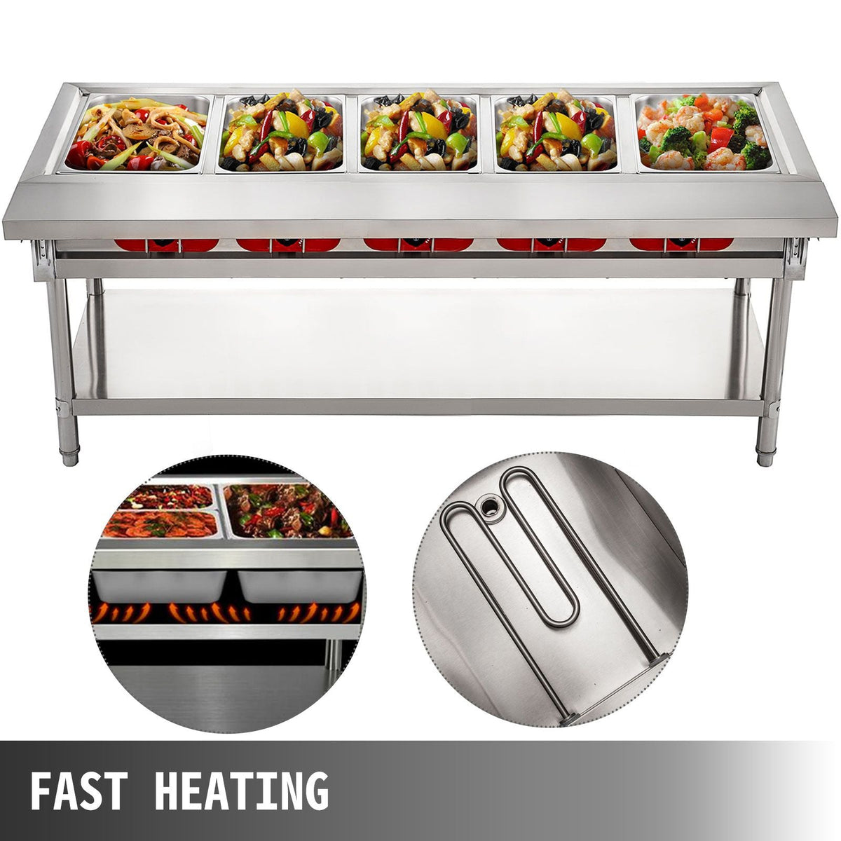Commercial Electric Food Warmer 5 Pot Steam Table Food Warmer 18 Quart/Pan with Lids with 7 Inch Cutting Board Food Grade Stainless Steel Steam Table Serving Counter 220V 3750W for Restaurant