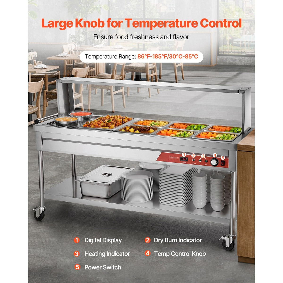 Commercial Electric Food Warmer, 7 Pans + 2 Pots Steam Table, 1800W Professional Buffet Catering Food Warmer with Shield Undershelf Wheels, Stainless Steel Server for Party Restaurant