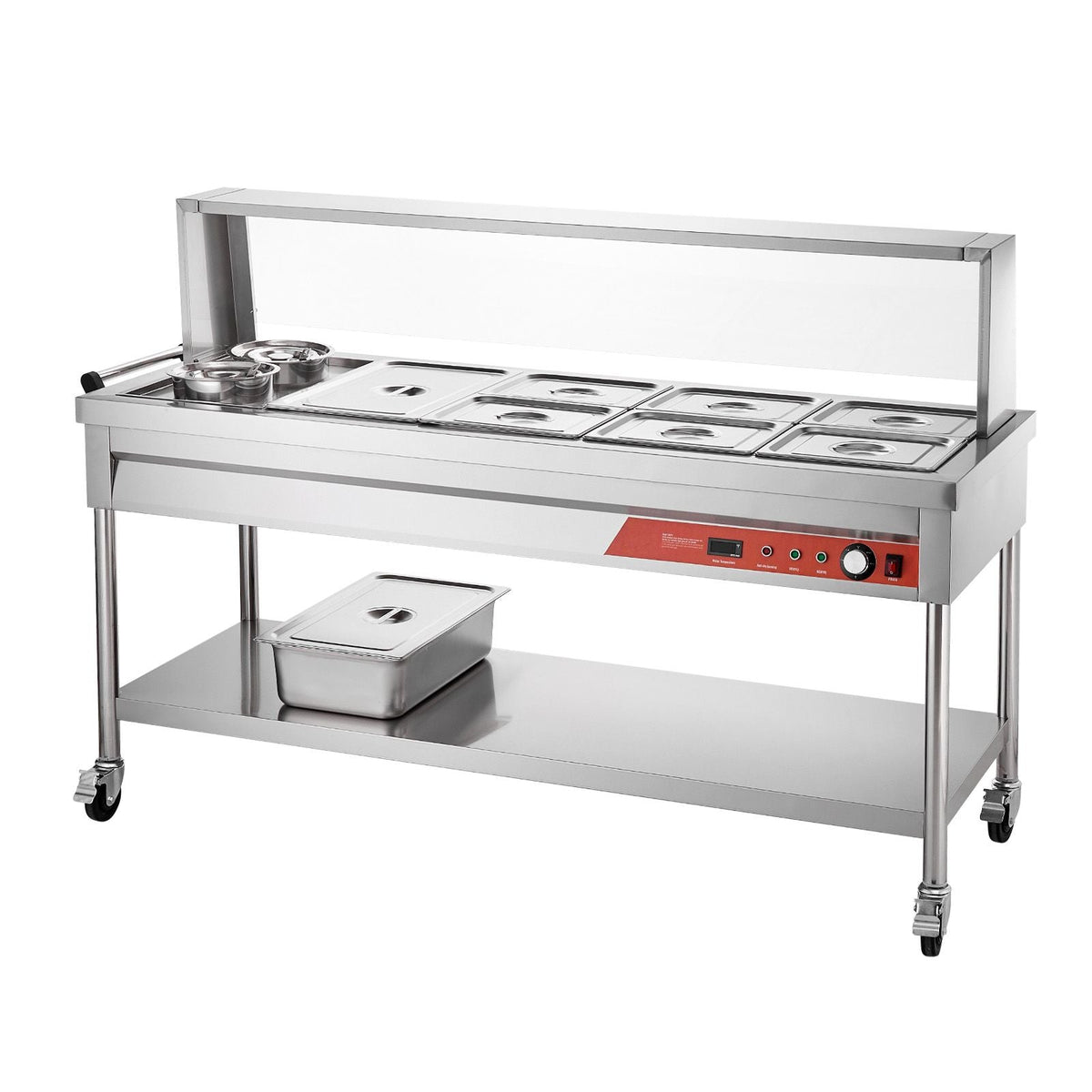 Commercial Electric Food Warmer, 7 Pans + 2 Pots Steam Table, 1800W Professional Buffet Catering Food Warmer with Shield Undershelf Wheels, Stainless Steel Server for Party Restaurant