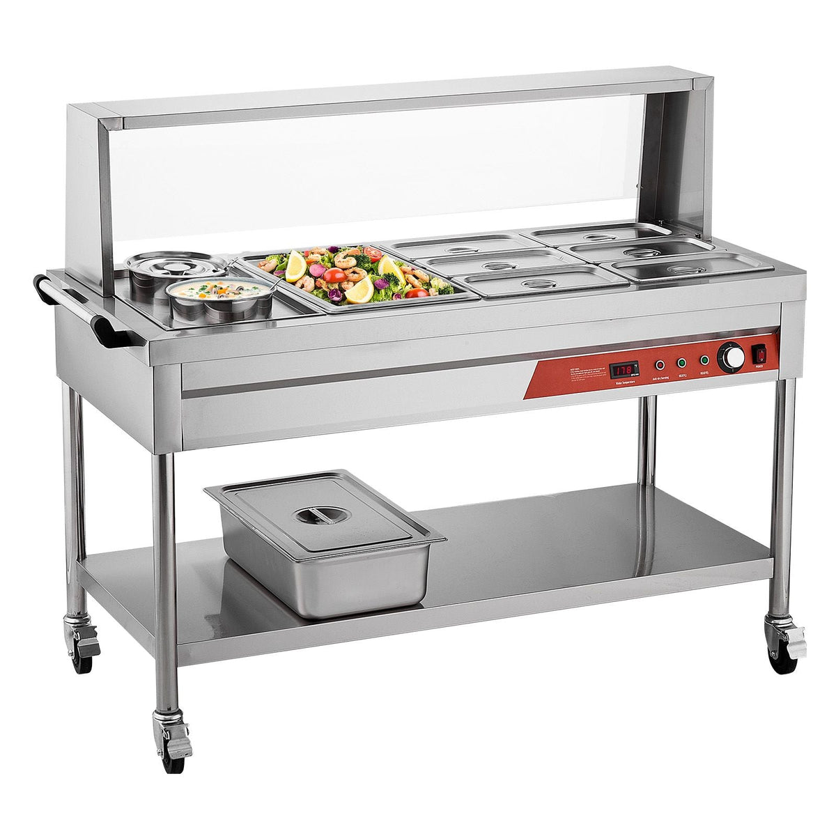 Commercial Electric Food Warmer, 7 Pans + 2 Pots Steam Table, 1800W Professional Buffet Catering Food Warmer with Shield Undershelf Wheels, Stainless Steel Server for Party Restaurant