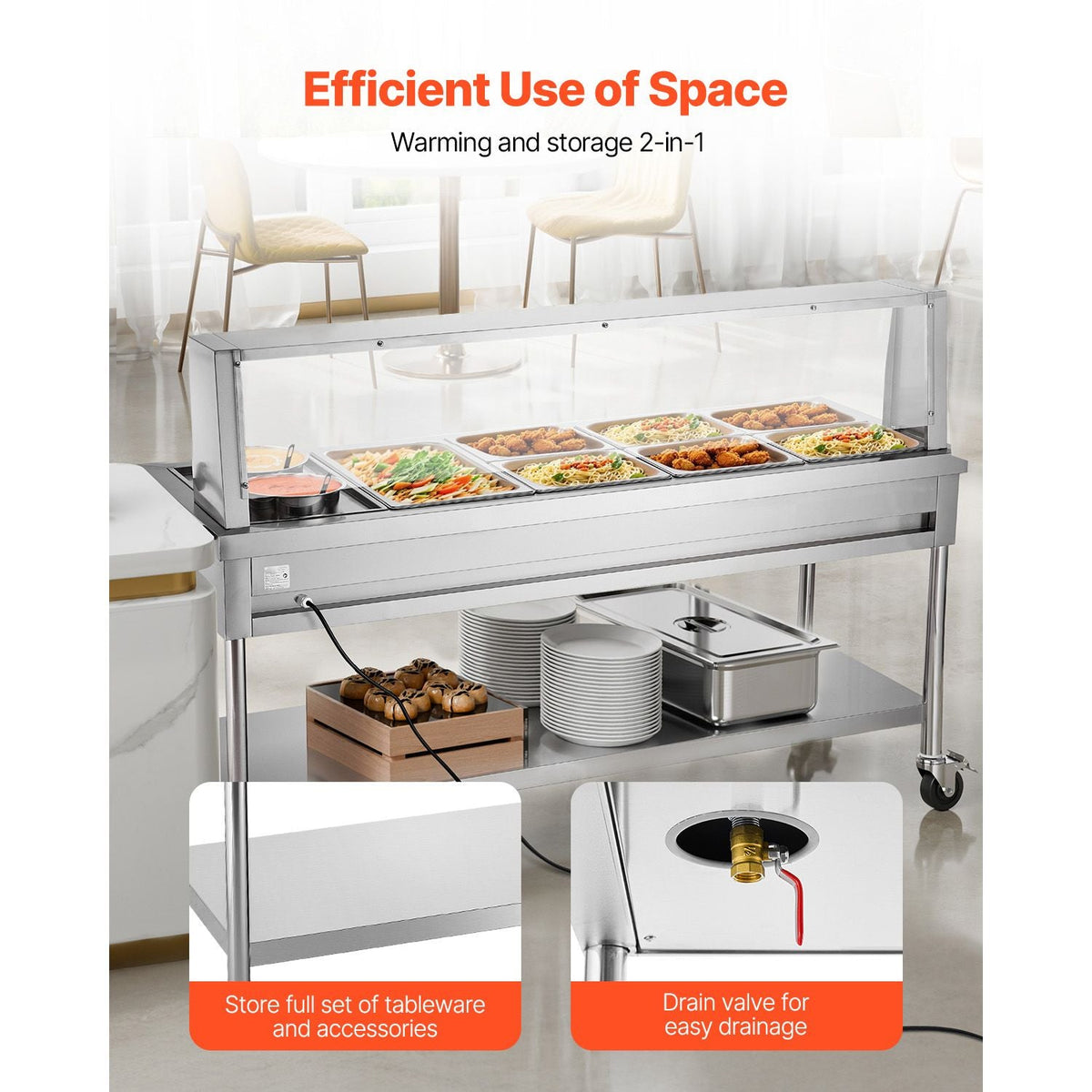 Commercial Electric Food Warmer, 7 Pans + 2 Pots Steam Table, 1800W Professional Buffet Catering Food Warmer with Shield Undershelf Wheels, Stainless Steel Server for Party Restaurant