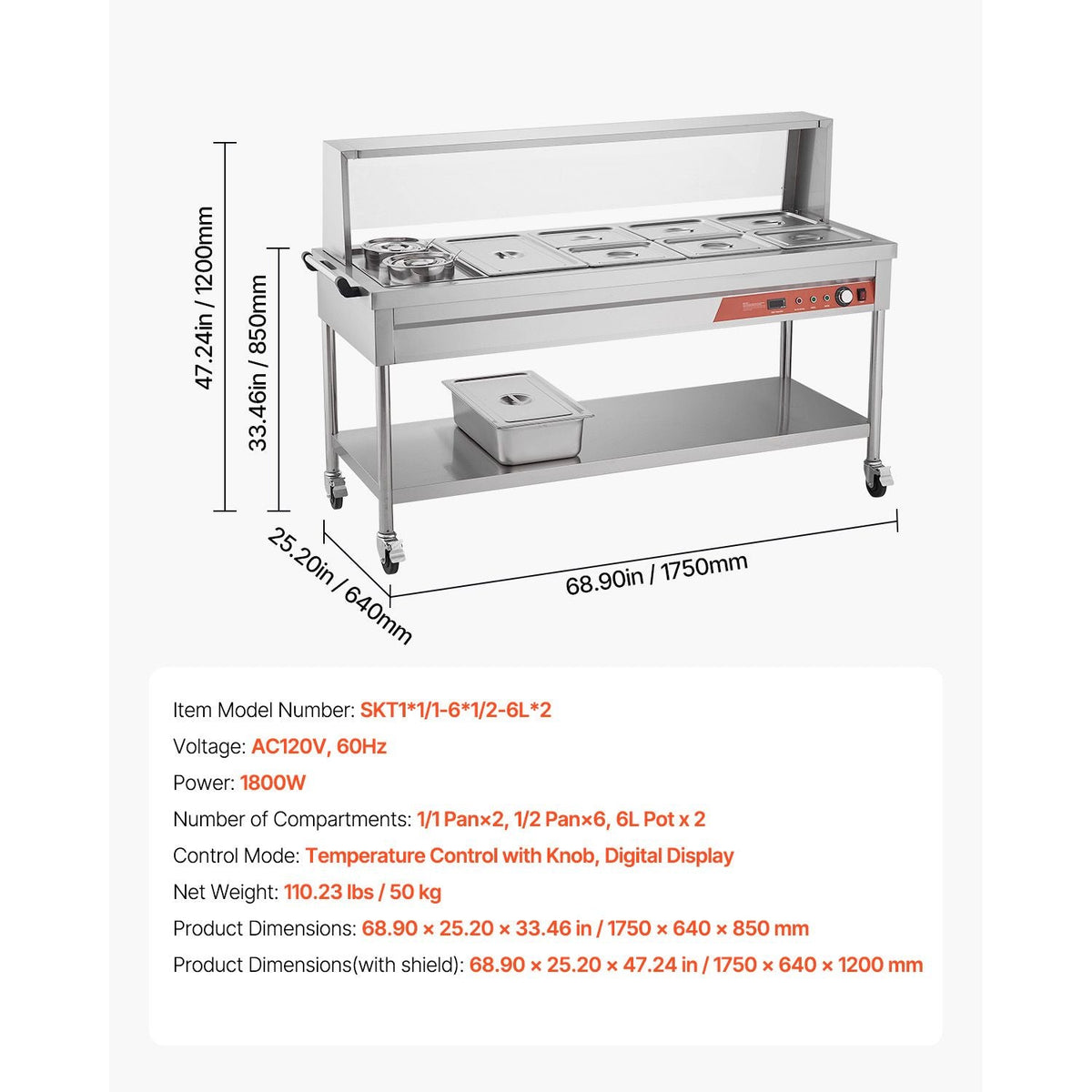 Commercial Electric Food Warmer, 7 Pans + 2 Pots Steam Table, 1800W Professional Buffet Catering Food Warmer with Shield Undershelf Wheels, Stainless Steel Server for Party Restaurant