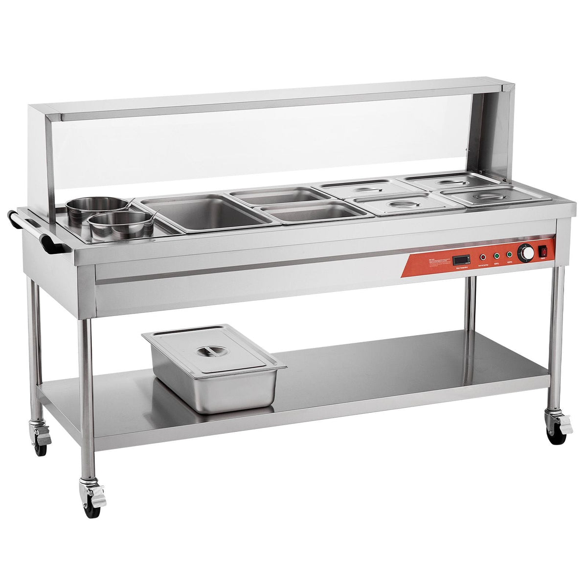 Commercial Electric Food Warmer, 7 Pans + 2 Pots Steam Table, 1800W Professional Buffet Catering Food Warmer with Shield Undershelf Wheels, Stainless Steel Server for Party Restaurant