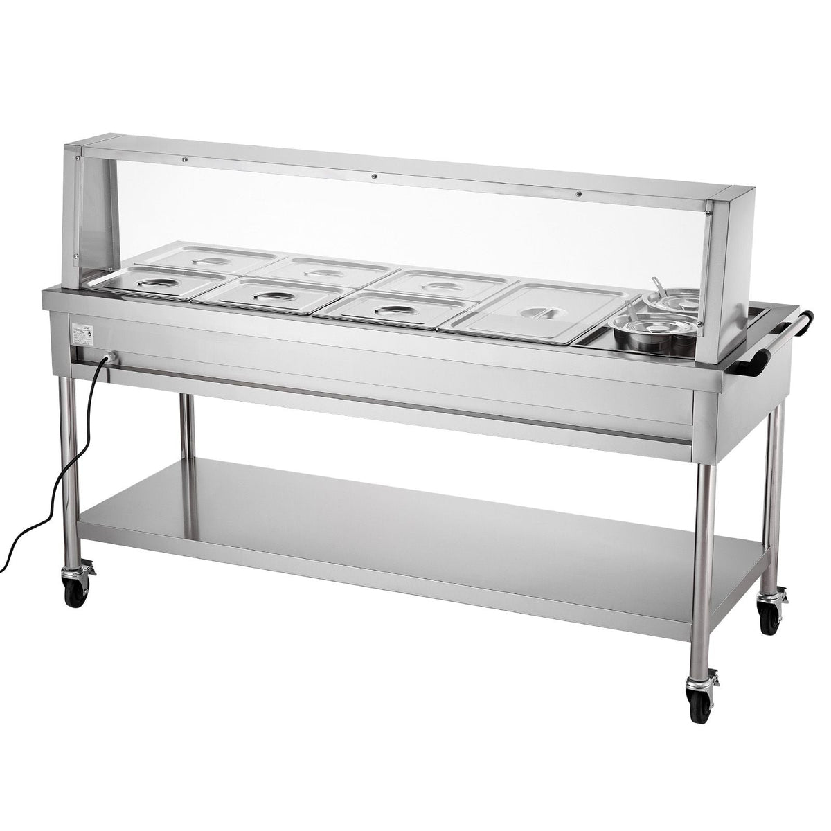 Commercial Electric Food Warmer, 7 Pans + 2 Pots Steam Table, 1800W Professional Buffet Catering Food Warmer with Shield Undershelf Wheels, Stainless Steel Server for Party Restaurant