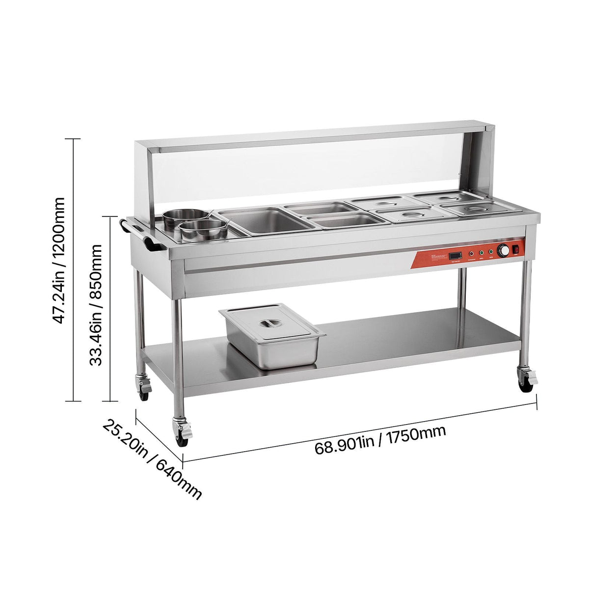 Commercial Electric Food Warmer, 7 Pans + 2 Pots Steam Table, 1800W Professional Buffet Catering Food Warmer with Shield Undershelf Wheels, Stainless Steel Server for Party Restaurant