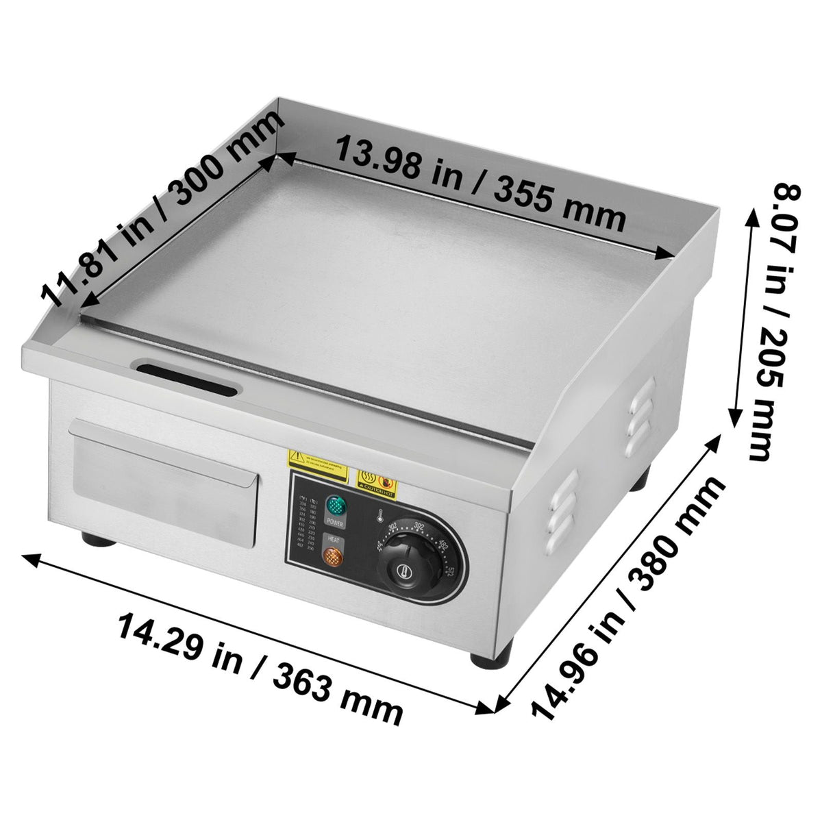 Commercial Electric Griddle, 13.98 x 11.81 inch, 1750W, 122-570°F Adjustable Temp Control, Stainless Steel Countertop Flat Top Grill with 2 Spatulas and 2 Brushes, for Steak, Pancake, Squid