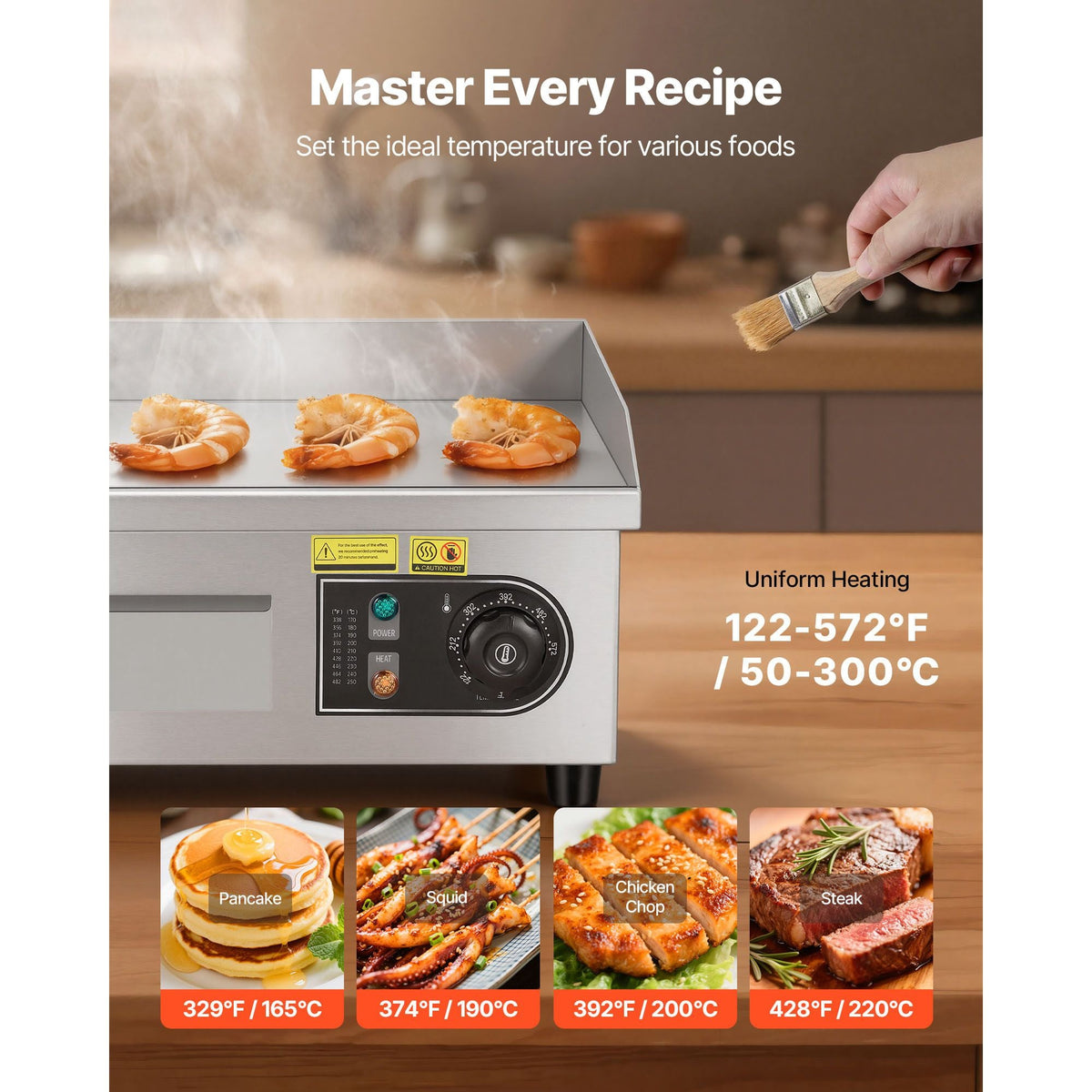Commercial Electric Griddle, 13.98 x 11.81 inch, 1750W, 122-570°F Adjustable Temp Control, Stainless Steel Countertop Flat Top Grill with 2 Spatulas and 2 Brushes, for Steak, Pancake, Squid