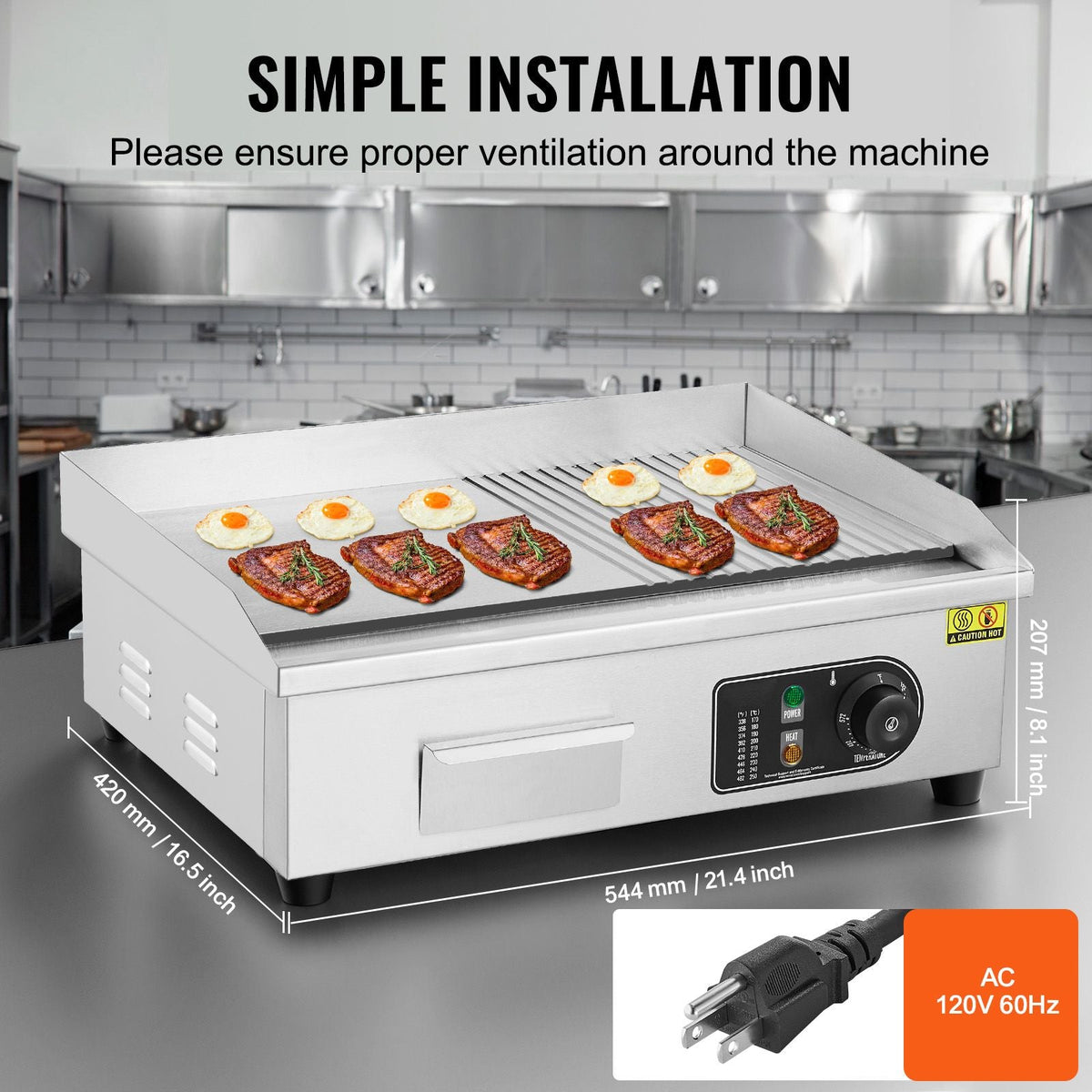 Commercial Electric Griddle, 1600W Countertop Half-Flat Top Grill, 122-572 F Adjustable Temp, 21.26x11.81x0.39in Stainless Steel Griddle Grill with 2 Shovels and 2 Brushes for Restaurant