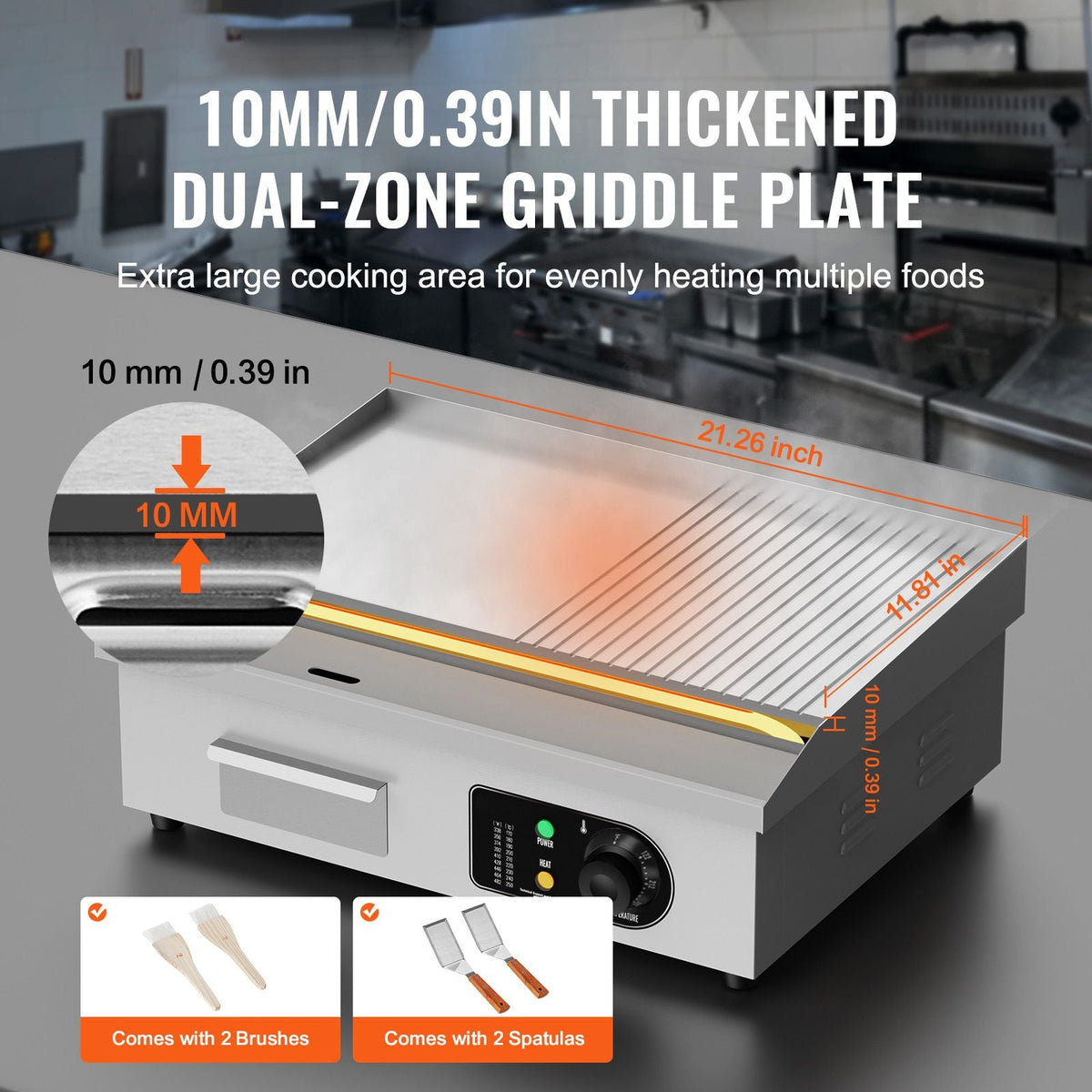 Commercial Electric Griddle, 1600W Countertop Half-Flat Top Grill, 122-572 F Adjustable Temp, 21.26x11.81x0.39in Stainless Steel Griddle Grill with 2 Shovels and 2 Brushes for Restaurant