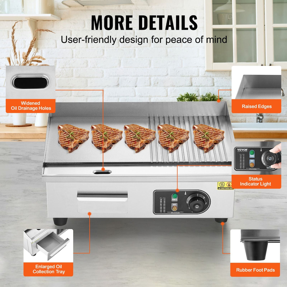 Commercial Electric Griddle, 1600W Countertop Half-Flat Top Grill, 122-572 F Adjustable Temp, 21.26x11.81x0.39in Stainless Steel Griddle Grill with 2 Shovels and 2 Brushes for Restaurant