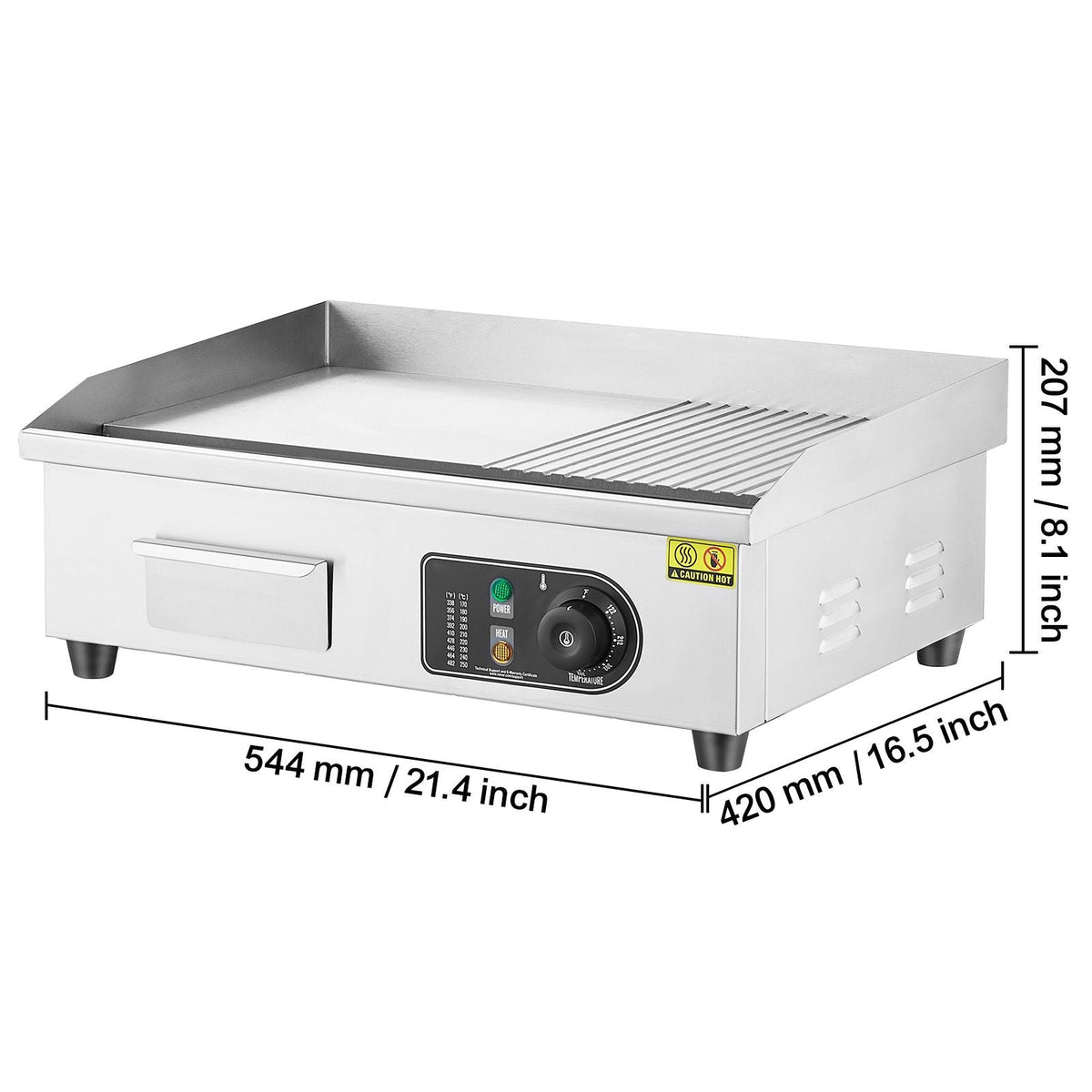 Commercial Electric Griddle, 1600W Countertop Half-Flat Top Grill, 122-572 F Adjustable Temp, 21.26x11.81x0.39in Stainless Steel Griddle Grill with 2 Shovels and 2 Brushes for Restaurant