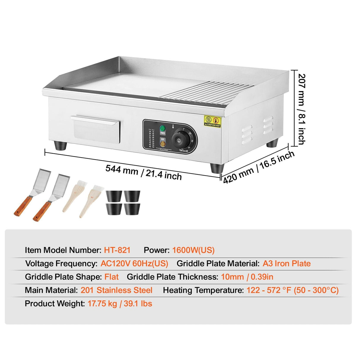Commercial Electric Griddle, 1600W Countertop Half-Flat Top Grill, 122-572 F Adjustable Temp, 21.26x11.81x0.39in Stainless Steel Griddle Grill with 2 Shovels and 2 Brushes for Restaurant