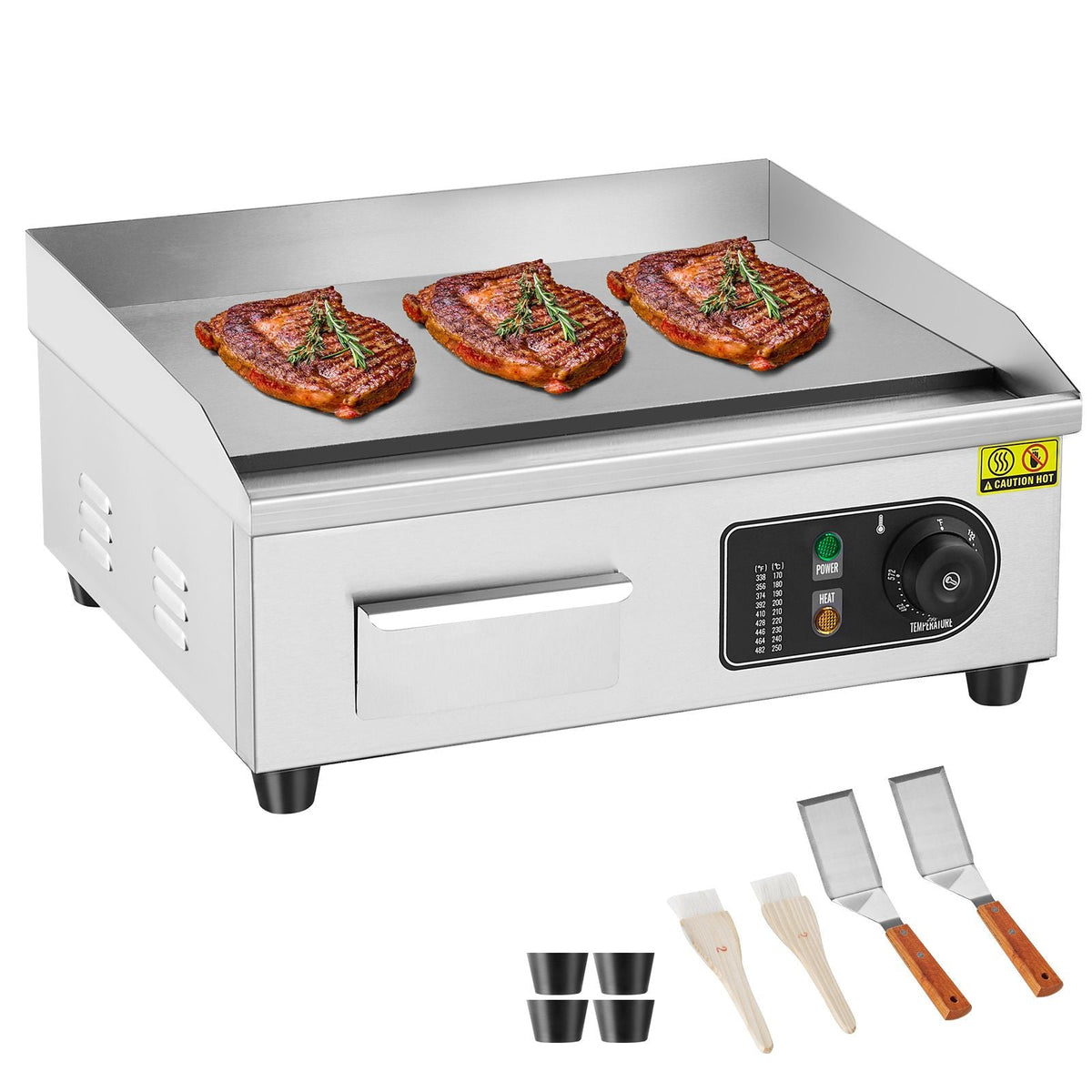Commercial Electric Griddle, 1700W Countertop Flat Top Grill, 122-572 F Adjustable Temp, 17.72 x 11.81 x 0.39in Stainless Steel Griddle Grill with 2 Shovels and 2 Brushes for Home or Restaurant