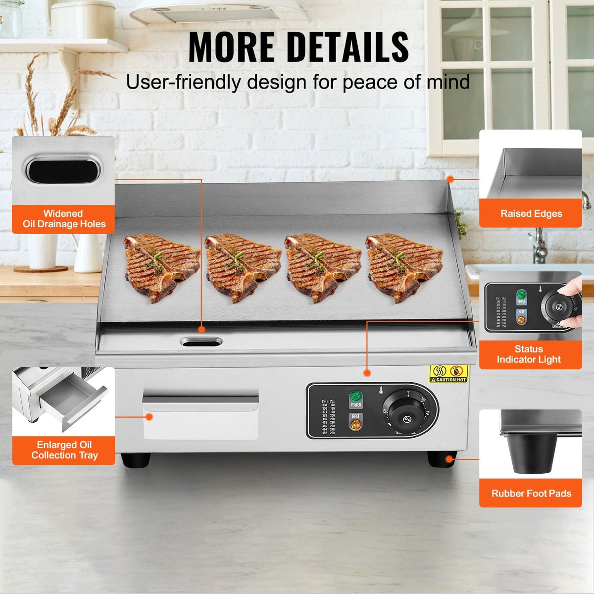 Commercial Electric Griddle, 1700W Countertop Flat Top Grill, 122-572 F Adjustable Temp, 17.72 x 11.81 x 0.39in Stainless Steel Griddle Grill with 2 Shovels and 2 Brushes for Home or Restaurant