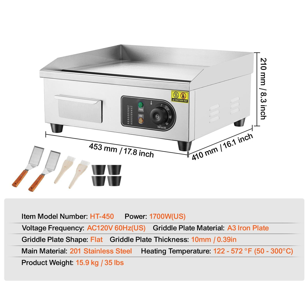 Commercial Electric Griddle, 1700W Countertop Flat Top Grill, 122-572 F Adjustable Temp, 17.72 x 11.81 x 0.39in Stainless Steel Griddle Grill with 2 Shovels and 2 Brushes for Home or Restaurant