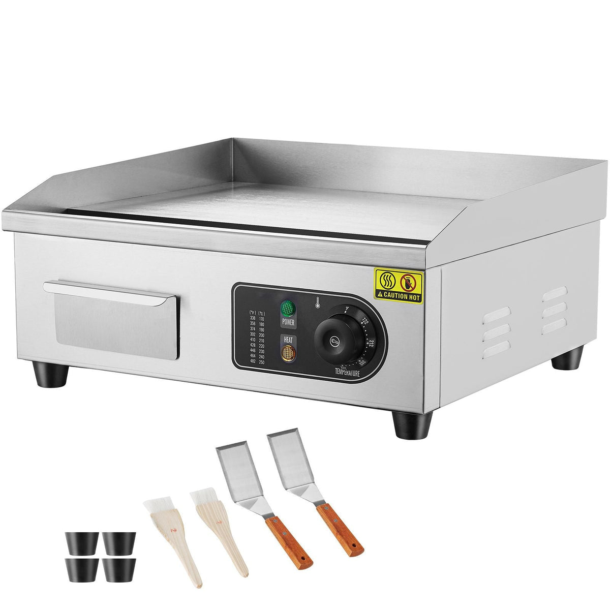 Commercial Electric Griddle, 1700W Countertop Flat Top Grill, 122-572 F Adjustable Temp, 17.72 x 11.81 x 0.39in Stainless Steel Griddle Grill with 2 Shovels and 2 Brushes for Home or Restaurant