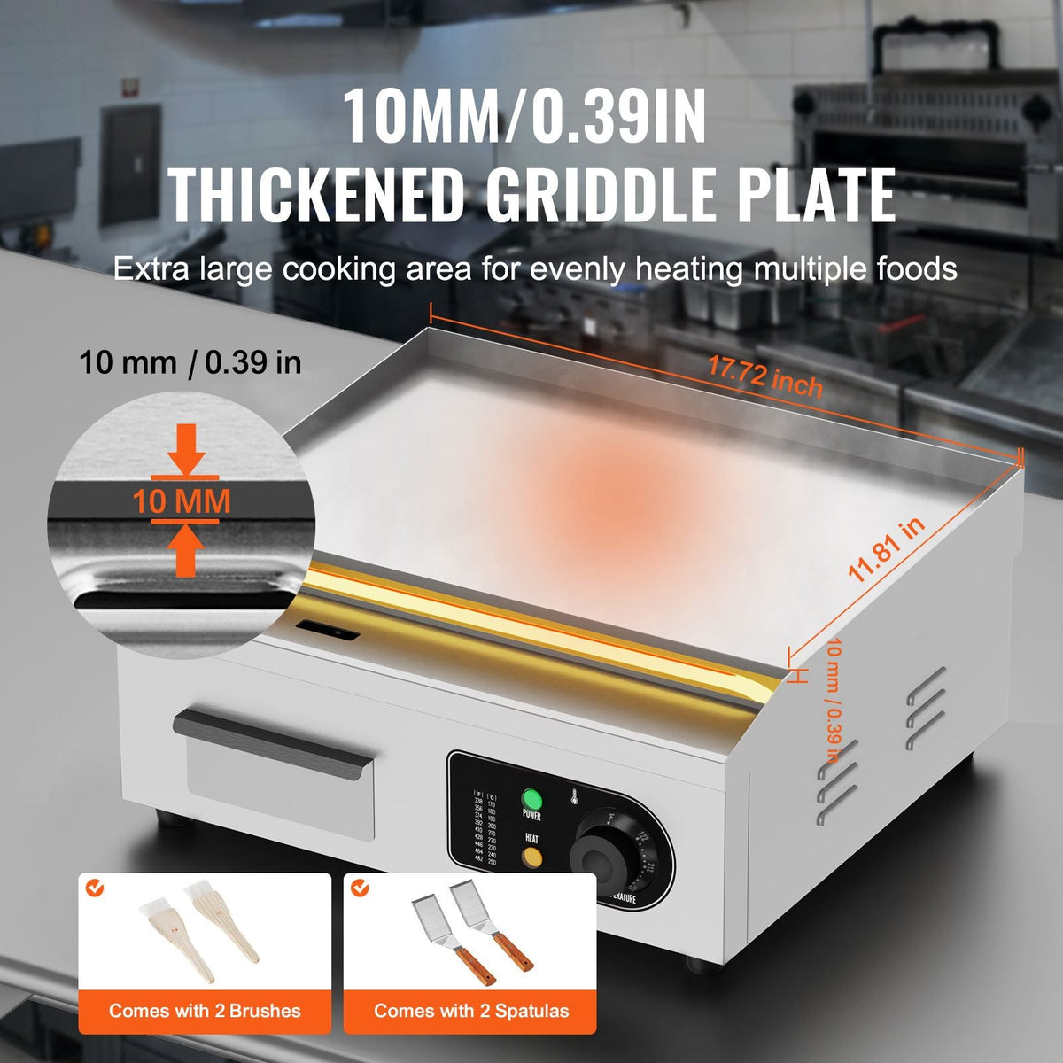 Commercial Electric Griddle, 1700W Countertop Flat Top Grill, 122-572 F Adjustable Temp, 17.72 x 11.81 x 0.39in Stainless Steel Griddle Grill with 2 Shovels and 2 Brushes for Home or Restaurant