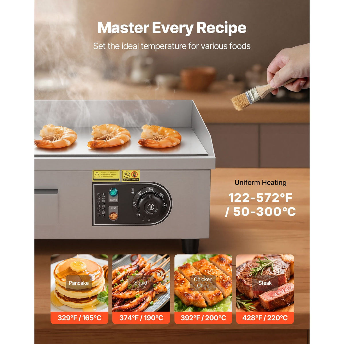 Commercial Electric Griddle, 17.72 x 11.81 inch, 1750W, 122-570°F Adjustable Temp Control, Stainless Steel Countertop Flat Top Grill with 2 Spatulas, 2 Brushes, and 4 Foot Pads, for Steak