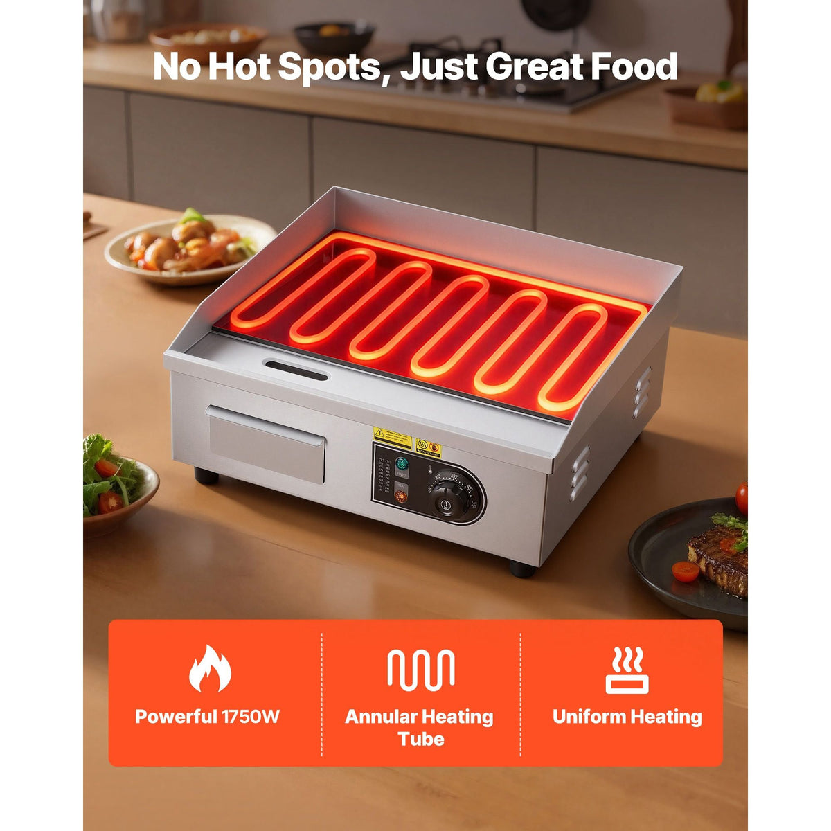 Commercial Electric Griddle, 17.72 x 11.81 inch, 1750W, 122-570°F Adjustable Temp Control, Stainless Steel Countertop Flat Top Grill with 2 Spatulas, 2 Brushes, and 4 Foot Pads, for Steak