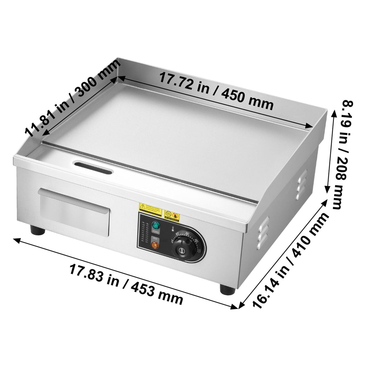 Commercial Electric Griddle, 17.72 x 11.81 inch, 1750W, 122-570°F Adjustable Temp Control, Stainless Steel Countertop Flat Top Grill with 2 Spatulas, 2 Brushes, and 4 Foot Pads, for Steak