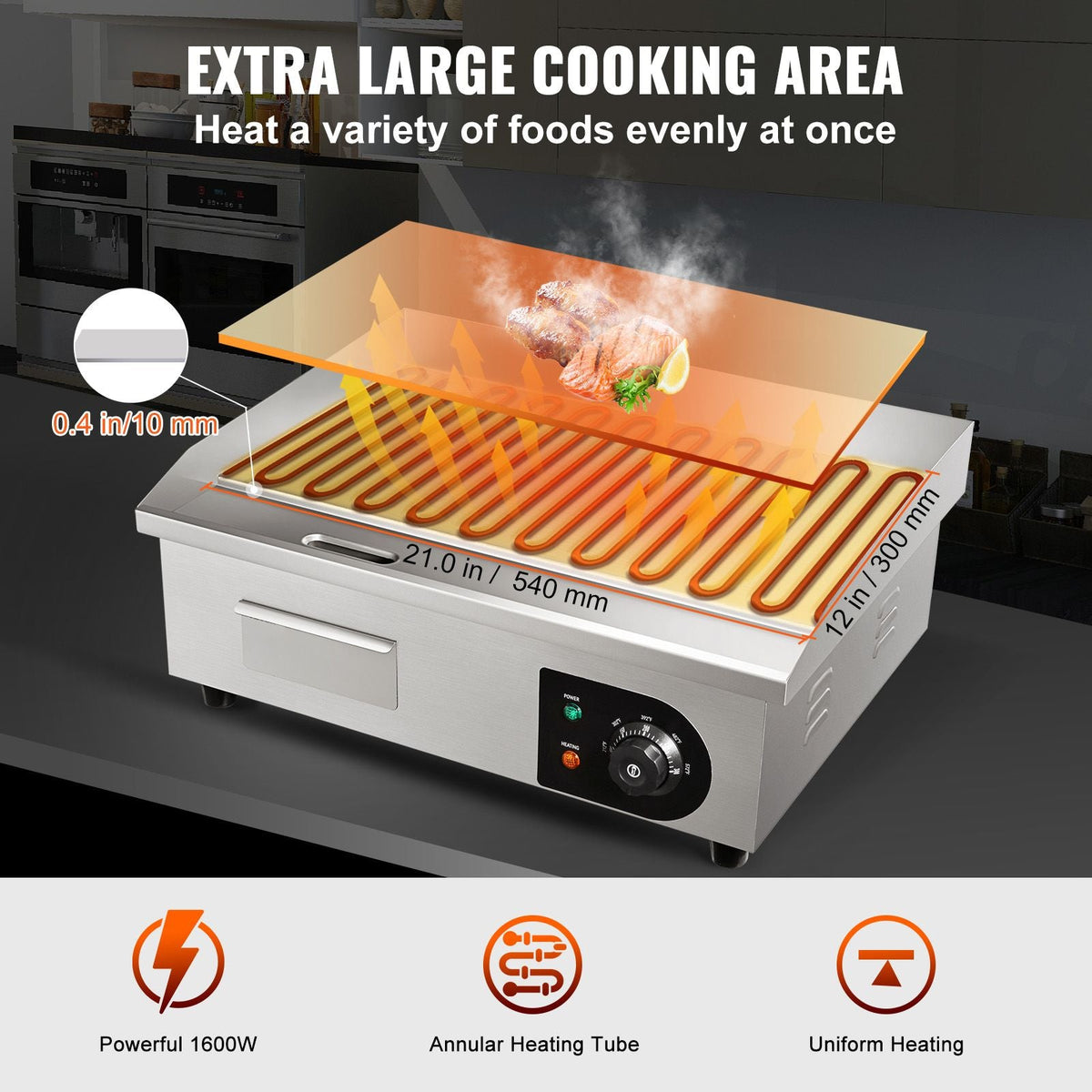 Commercial Electric Griddle, 21", 1600W Countertop Flat Top Grill, Stainless Steel Grill with Non Stick Iron Cooking Plate, 122-572Fahrenheit Adjustable Temp Control 2 Shovels & Brushes, 110V