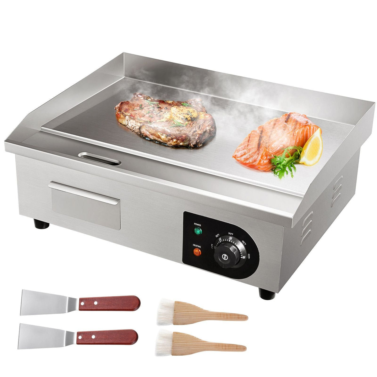 Commercial Electric Griddle, 21", 1600W Countertop Flat Top Grill, Stainless Steel Grill with Non Stick Iron Cooking Plate, 122-572Fahrenheit Adjustable Temp Control 2 Shovels & Brushes, 110V