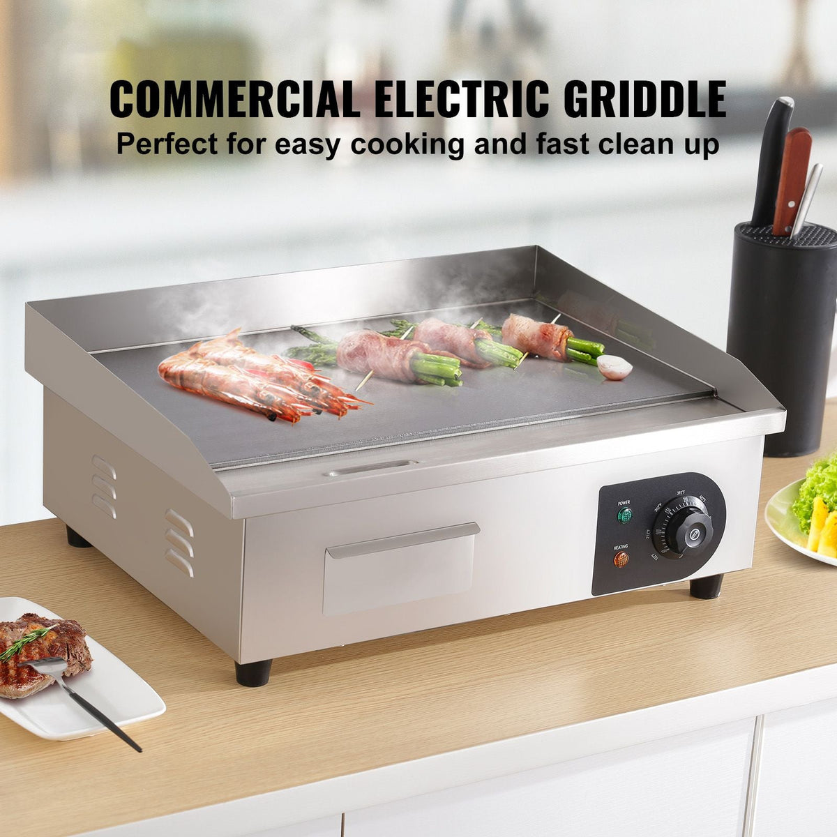 Commercial Electric Griddle, 21", 1600W Countertop Flat Top Grill, Stainless Steel Grill with Non Stick Iron Cooking Plate, 122-572Fahrenheit Adjustable Temp Control 2 Shovels & Brushes, 110V