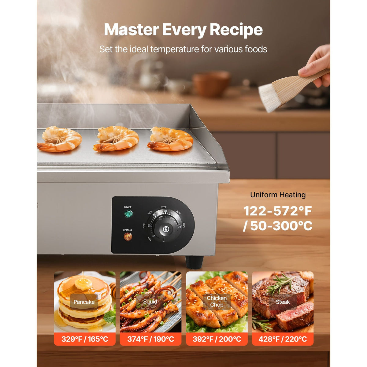 Commercial Electric Griddle, 21 x 11.8 inch, 1750W, 122-570 Fahrenheit Adjustable Temp Control, Stainless Steel Countertop Flat Top Grill with 2 Spatulas, 2 Brushes and 4 Foot Pads