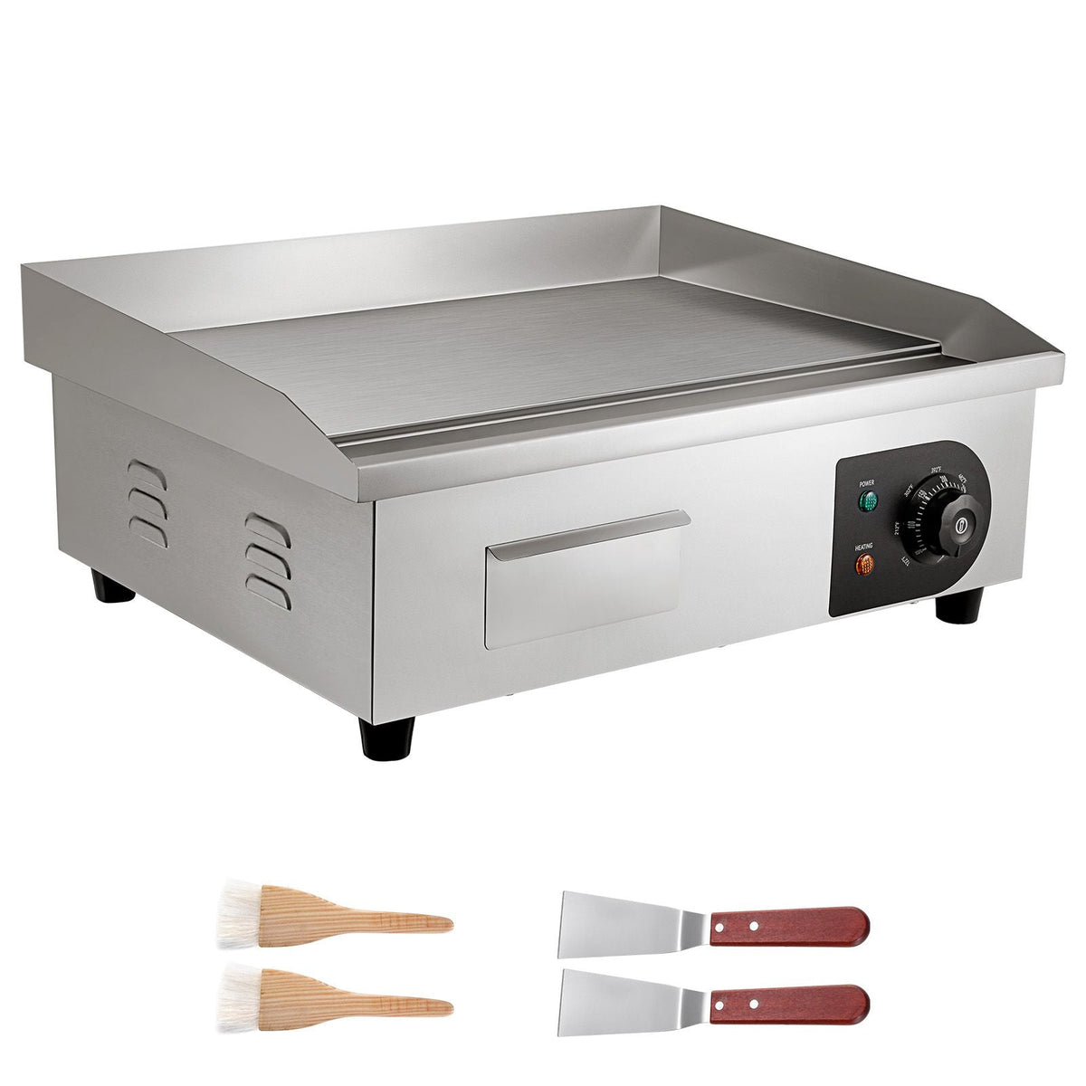 Commercial Electric Griddle, 21 x 11.8 inch, 1750W, 122-570 Fahrenheit Adjustable Temp Control, Stainless Steel Countertop Flat Top Grill with 2 Spatulas, 2 Brushes and 4 Foot Pads
