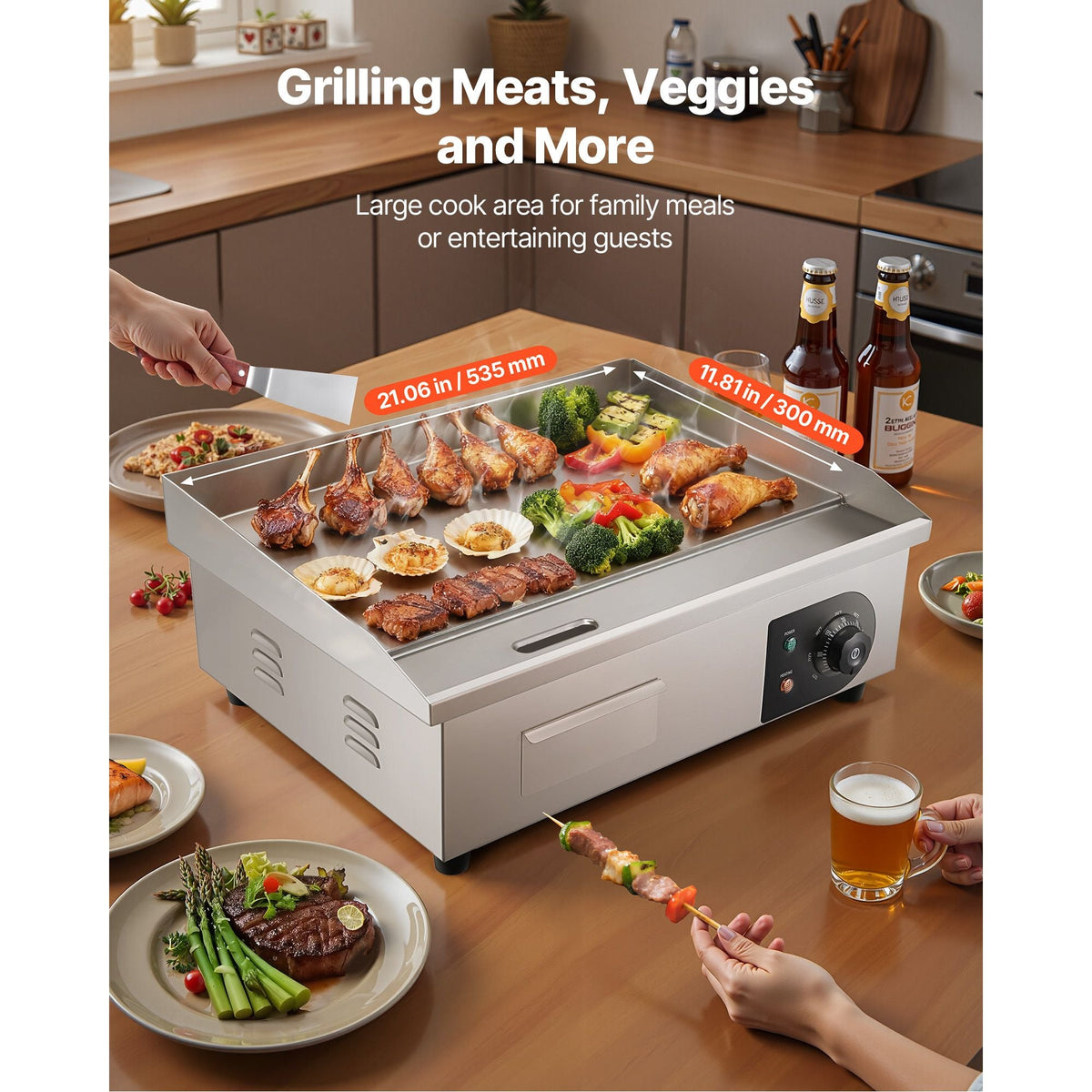 Commercial Electric Griddle, 21 x 11.8 inch, 1750W, 122-570 Fahrenheit Adjustable Temp Control, Stainless Steel Countertop Flat Top Grill with 2 Spatulas, 2 Brushes and 4 Foot Pads