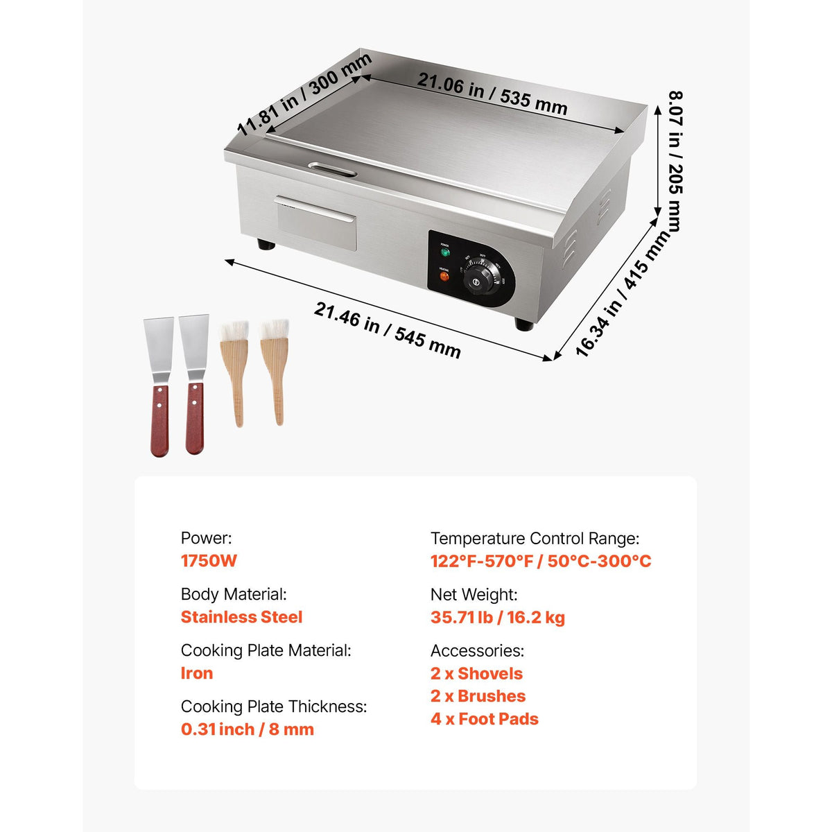 Commercial Electric Griddle, 21 x 11.8 inch, 1750W, 122-570 Fahrenheit Adjustable Temp Control, Stainless Steel Countertop Flat Top Grill with 2 Spatulas, 2 Brushes and 4 Foot Pads