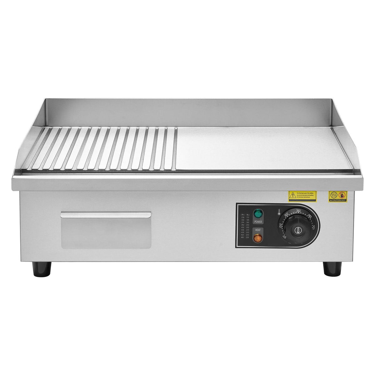 Commercial Electric Griddle, 21.06 x 11.81 inch, 1750W, 122-570 Fahrenheit Adjustable Temp Control, Stainless Steel Body, Half Grooved Half Flat, with 2 Spatulas, 2 Brushes, and 4 Foot Pads