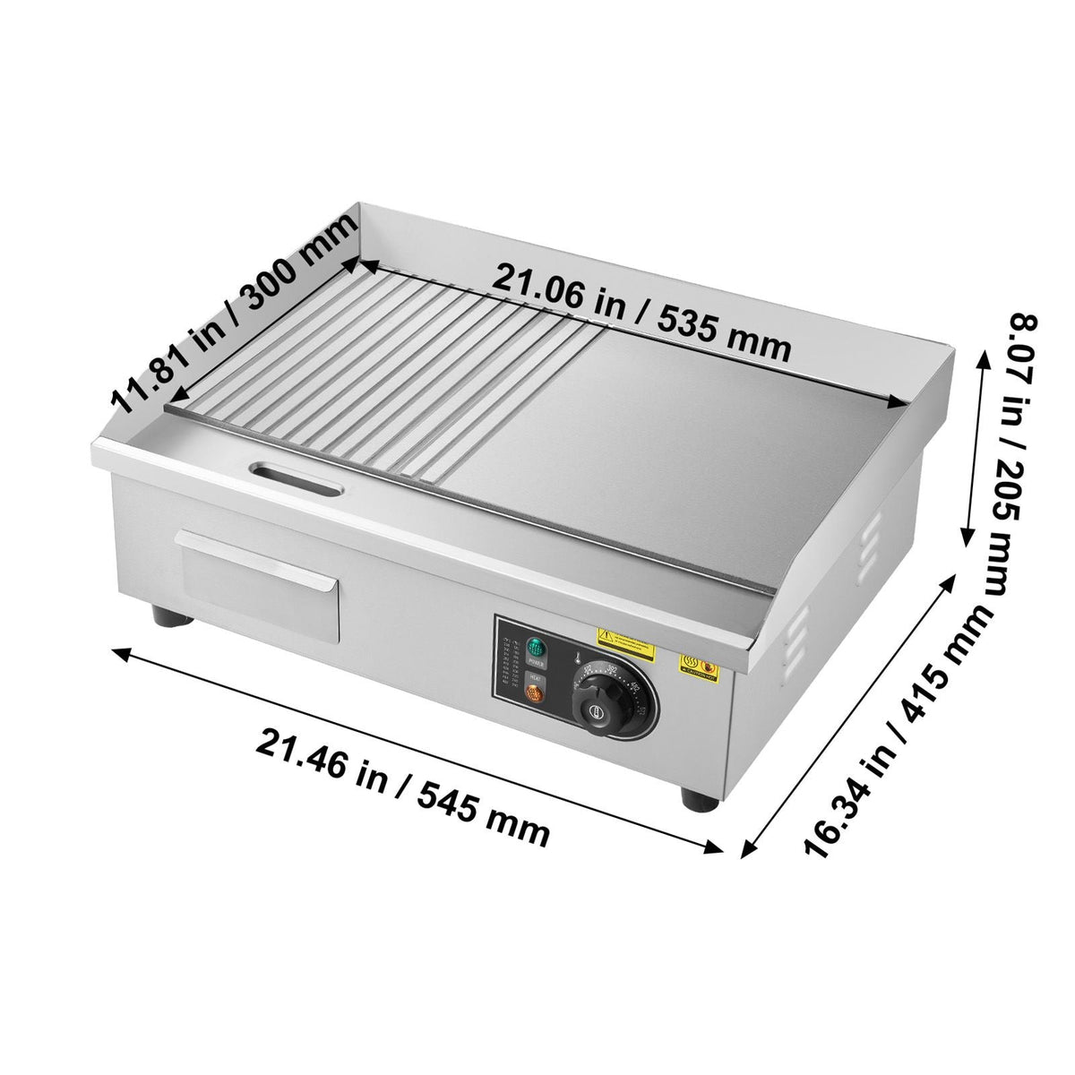 Commercial Electric Griddle, 21.06 x 11.81 inch, 1750W, 122-570 Fahrenheit Adjustable Temp Control, Stainless Steel Body, Half Grooved Half Flat, with 2 Spatulas, 2 Brushes, and 4 Foot Pads