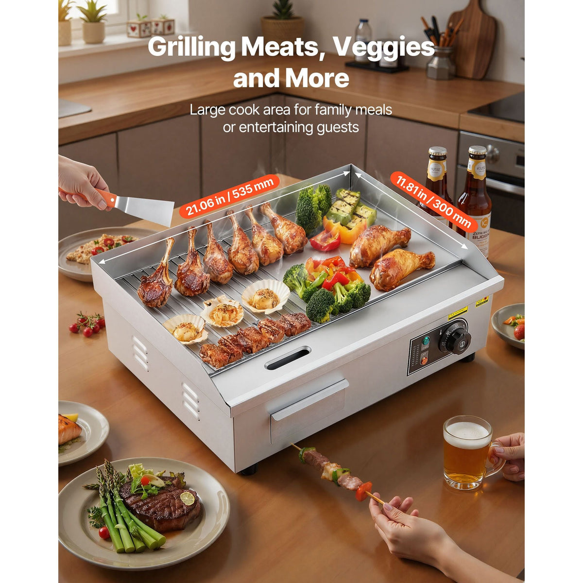 Commercial Electric Griddle, 21.06 x 11.81 inch, 1750W, 122-570 Fahrenheit Adjustable Temp Control, Stainless Steel Body, Half Grooved Half Flat, with 2 Spatulas, 2 Brushes, and 4 Foot Pads