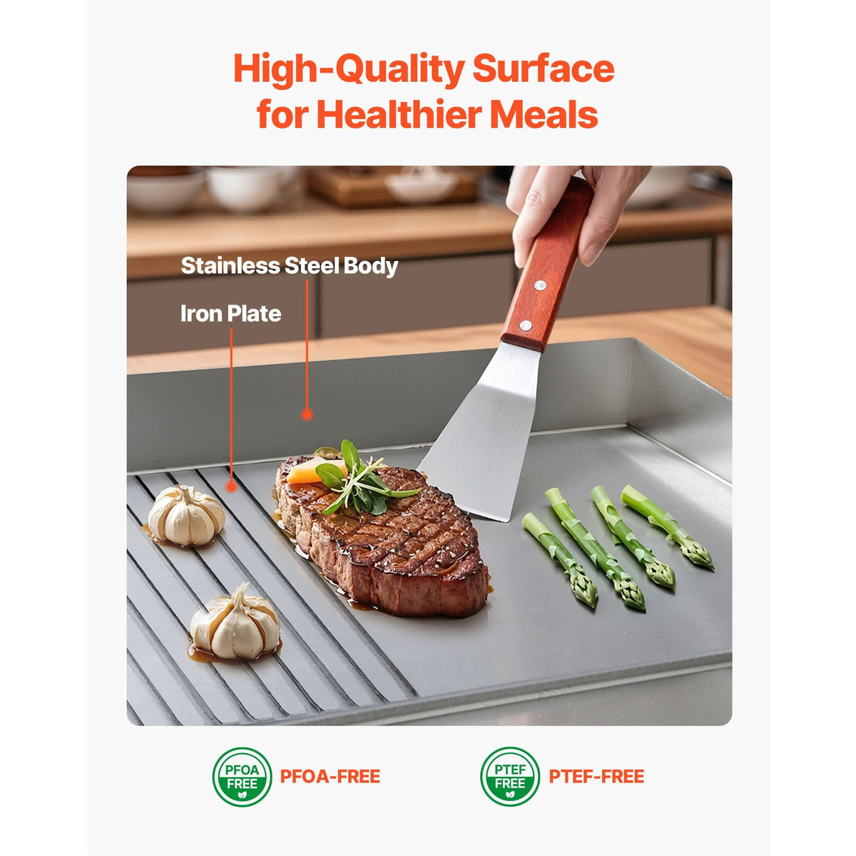 Commercial Electric Griddle, 21.06 x 11.81 inch, 1750W, 122-570 Fahrenheit Adjustable Temp Control, Stainless Steel Body, Half Grooved Half Flat, with 2 Spatulas, 2 Brushes, and 4 Foot Pads