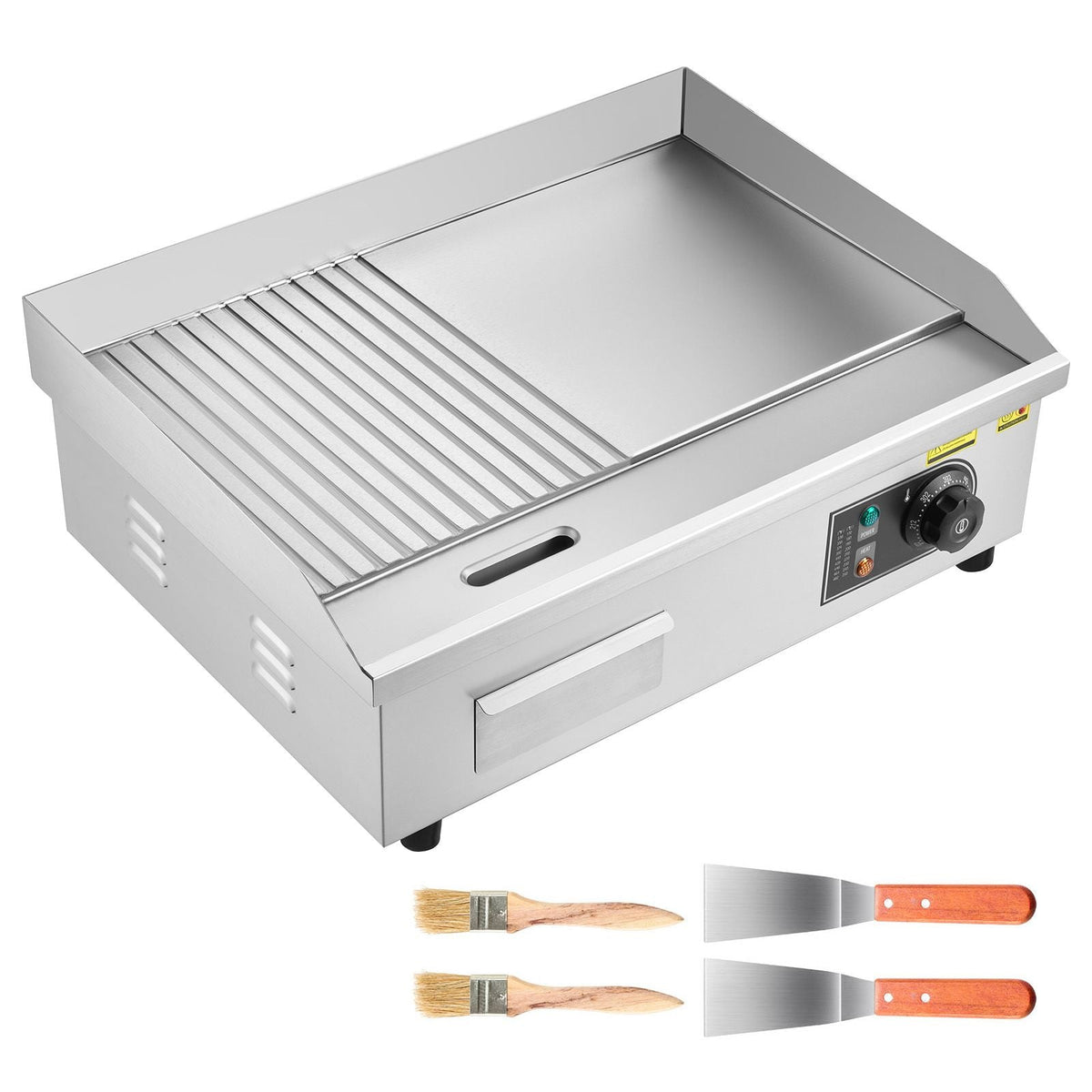 Commercial Electric Griddle, 21.06 x 11.81 inch, 1750W, 122-570 Fahrenheit Adjustable Temp Control, Stainless Steel Body, Half Grooved Half Flat, with 2 Spatulas, 2 Brushes, and 4 Foot Pads