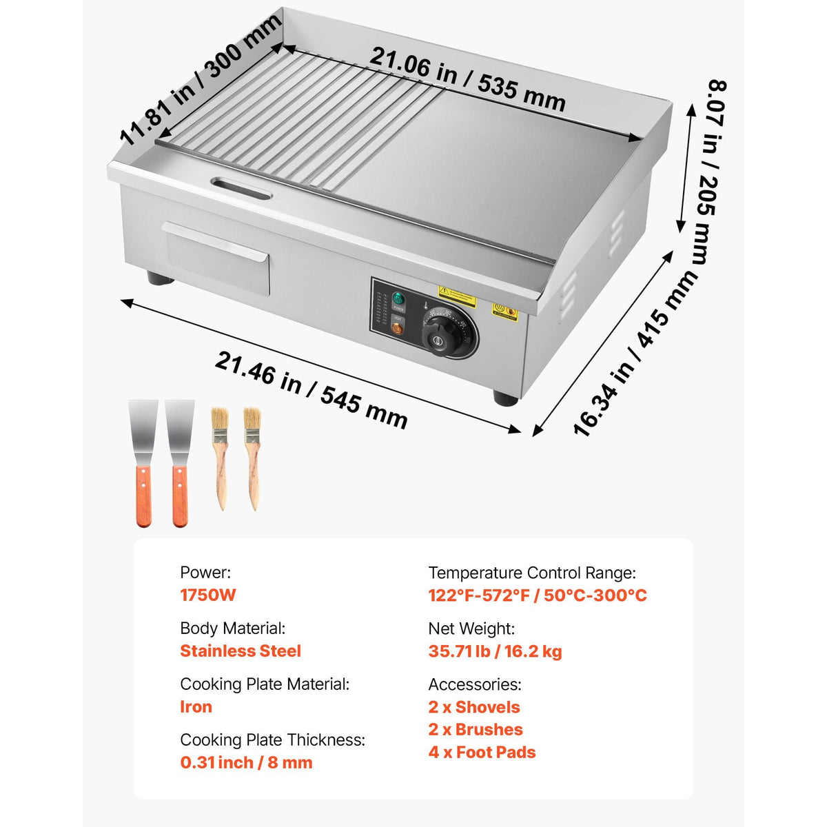Commercial Electric Griddle, 21.06 x 11.81 inch, 1750W, 122-570 Fahrenheit Adjustable Temp Control, Stainless Steel Body, Half Grooved Half Flat, with 2 Spatulas, 2 Brushes, and 4 Foot Pads