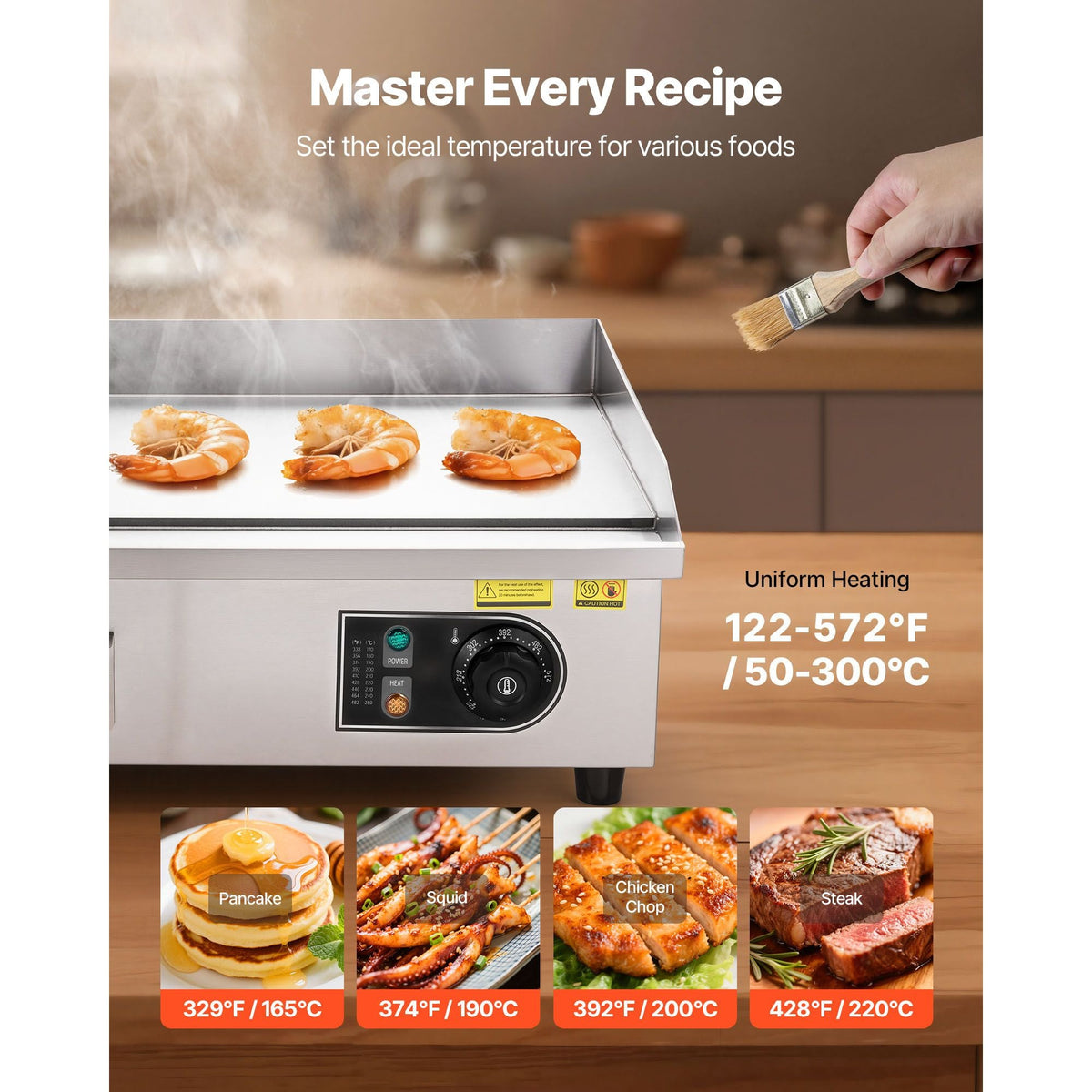 Commercial Electric Griddle, 21.06 x 11.81 inch, 3200W, 122-570 Fahrenheit Adjustable Temp Control, Stainless Steel Body, Full Flat, with 2 Spatulas, 2 Brushes, and 4 Foot Pads